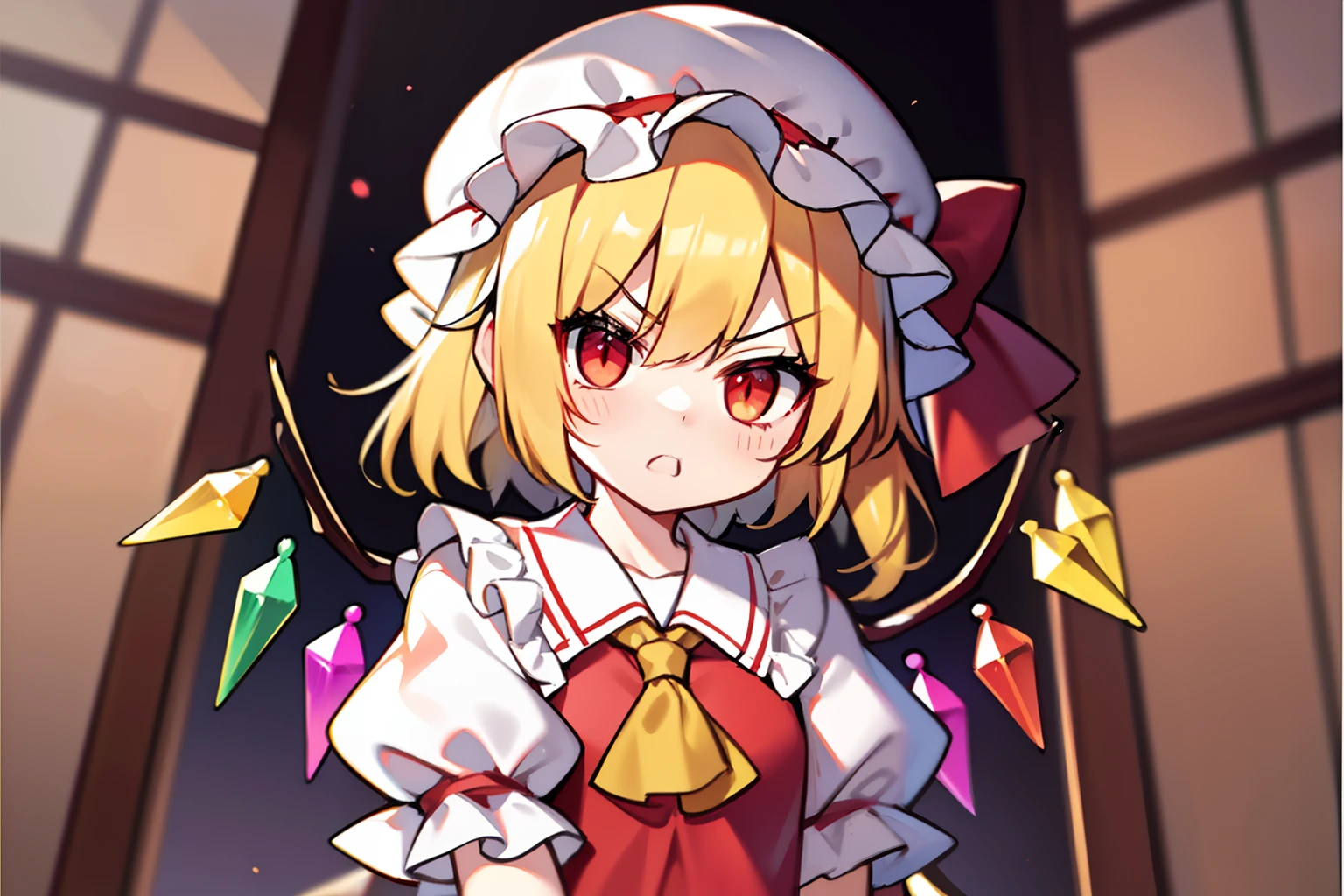 flandre scarlet, zun hat、 beautiful countenance、Eye Highlights、{annoyed},、Petite、bright yellow hair、shortsleeves、childish、