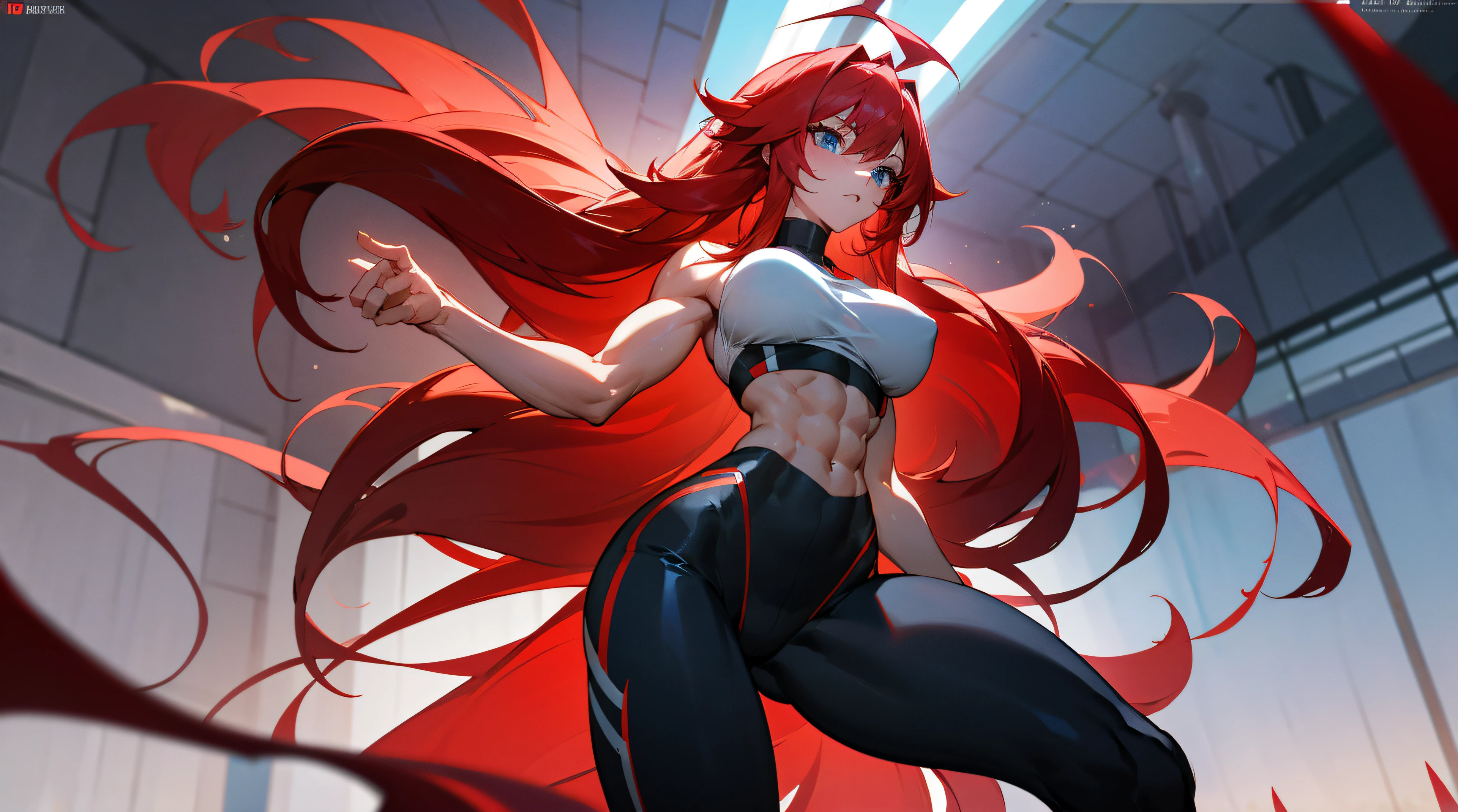 Rias Gremory, six-pack abs, arm muscles,Long hair, sport bra, red hair, ahoge, blue eyes, large breasts, extra very long hair,big breastes, sports leggings, huge ahoge, Standing, Gym, one girl