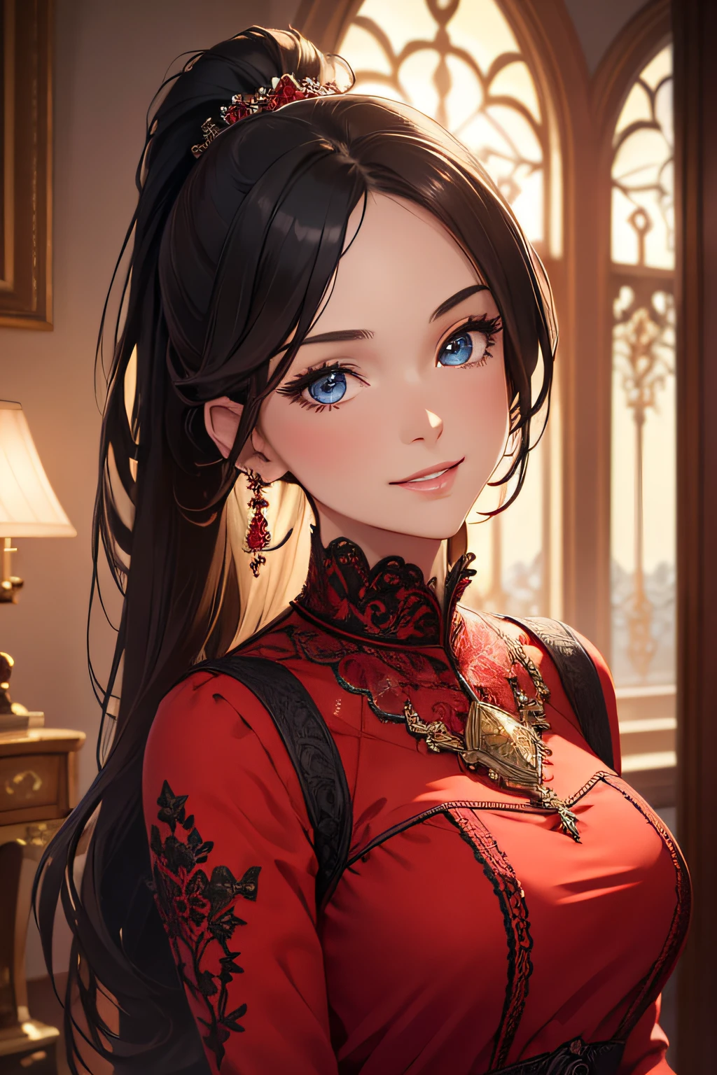 (best quality), (masterpiece), (high resolution), (intricate details:0.2),(professional lighting), room, detailed background, over sized red dress, half body, (previous view), 1girl, solo, (beautiful face:1.40), slim body, fine skin, smile, short ponytail black hair, sky blue eyes, (Medium beasts:1.10), see at viewer,