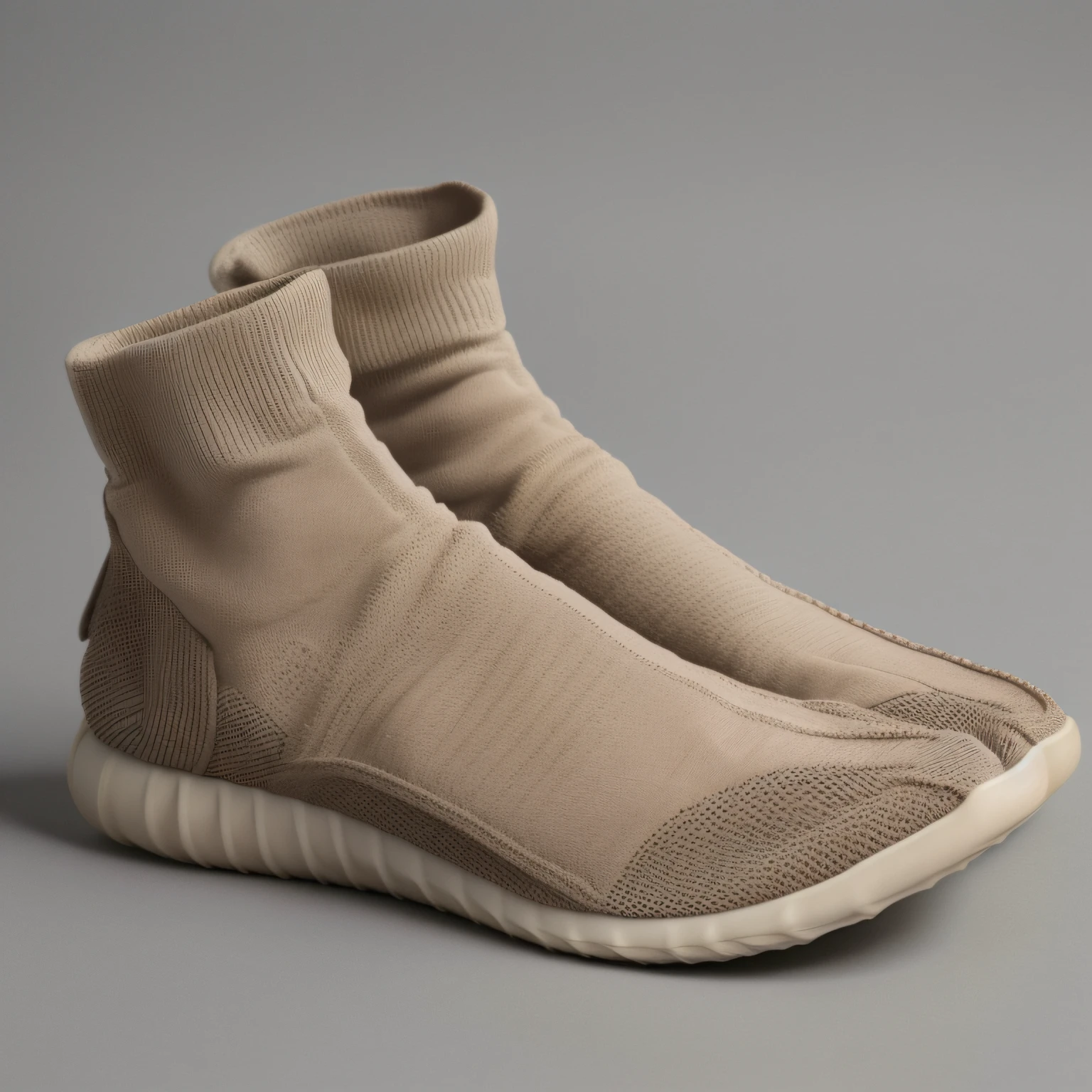 A close-up of a pair of shoes with a sock on the sole, beige, lino, Brecha Yzy, yzy, topo, sombreado, Generado por ordenador, sombra, Zapatillas futuristas, Shoe design, yeezy, Zapatillas de deporte, comfortable, sombra suave, zapatos de seda, Favorito de los fans, budista, ultra, Kanye, Tono claro, Dezeen, cohete, a la moda