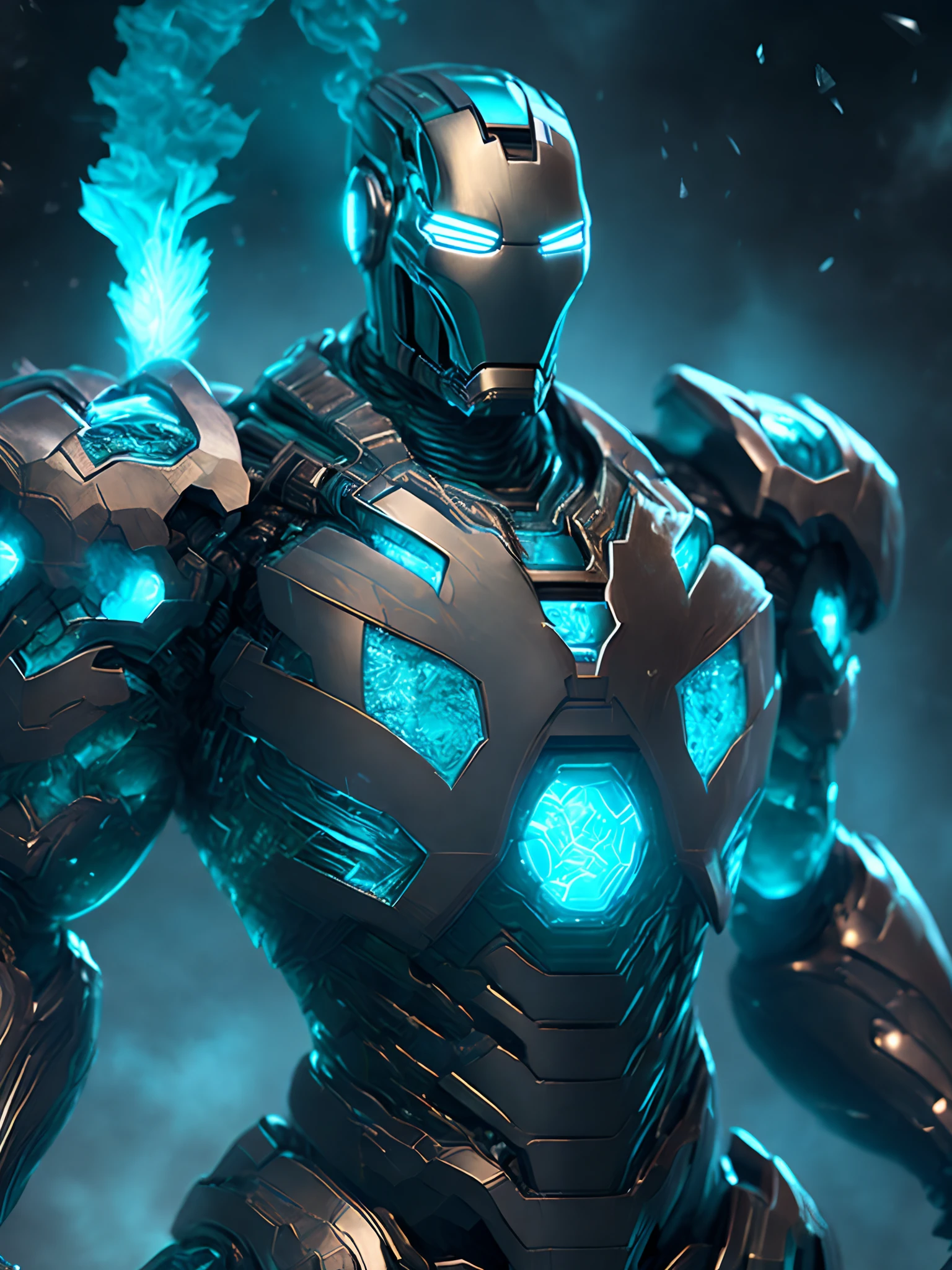 Close-up ( Cyan crystal-Ironman from Marvel in Goth style: 1.3) emerging from the witches castle, extremely detailed, smoke, sparks, metal shavings, flying debris, volumetric light