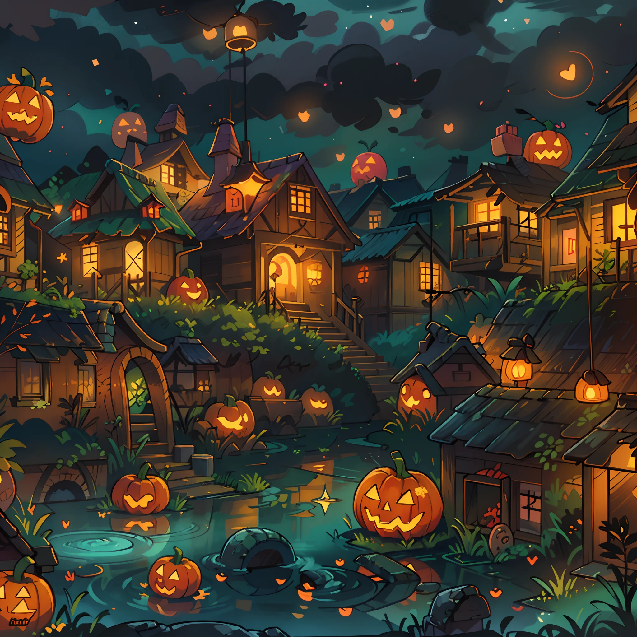 Halloween Floating Lights, Cinematic light and reflection, glowing lights, houses halloween themes,Digital Painting, Glowing reflections, pumpkin Halloween Jack-o'-lantern, calm night, Digital Illustration, Beautiful atmosphere, Skylight at night, Calm evening atmosphere, Jack-o'-lantern, Halloween, the night, Halloween, Surrounded by clouds, gorgeous colors, There are three arches in the foreground((color ink)), ( (Splash ink ) ), ((Splash ink) inky})), tmasterpiece, high quarity, Beautiful graphics, high detal, Magnificent, (contest winner art)