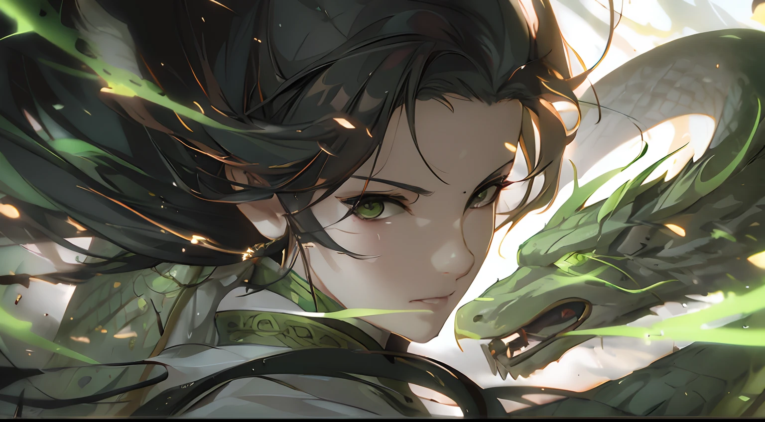 Anime girl with green eyes and green snake, by Yang J, Ruan Jia and Artgerm, demon slayer artstyle, Guviz-style artwork, Detailed digital anime art, author：Wang Lei, demon slayer rui fanart, Extremely detailed Artgerm, author：ruanjia、stanely artgerm, Fanart Meilleure ArtStation, author：Chen Lin