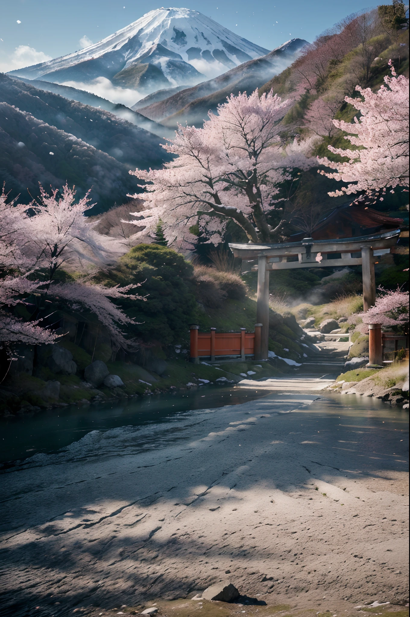 Photo of Red Mountain in RAW format. Fuji, ((独奏)), (Fushimi Inari Taisha Thousand Torii Gate in Kyoto), fine details, (Photorealistic:1.4), Ultra-realistic photo, 8K UHD, dslr, hiquality, Film grain, Fujifilm XT3, (Masterpiece), official arts, Landscape Photography in RAW Format, insanely detailed, hyper realistic, (Photorealistic:1.4), Ultra-realistic photo, 8K UHD, dslr, hiquality, Film grain, Fujifilm XT3, (Masterpiece), Mt.Fuji, (独奏:1.5), (Sun on top of mountain top:1.1), (snow-covered mountain:1.4), Lush green mountain slope, Clouds rise over the mountain slopes, (Lots of cherry blossoms:1.4), Dense Forests, Several lakes, (mist, drifting over the lake:1.2), midi, the Milky Way, Twinkling stars, Deep Focus, vibrant contrast
