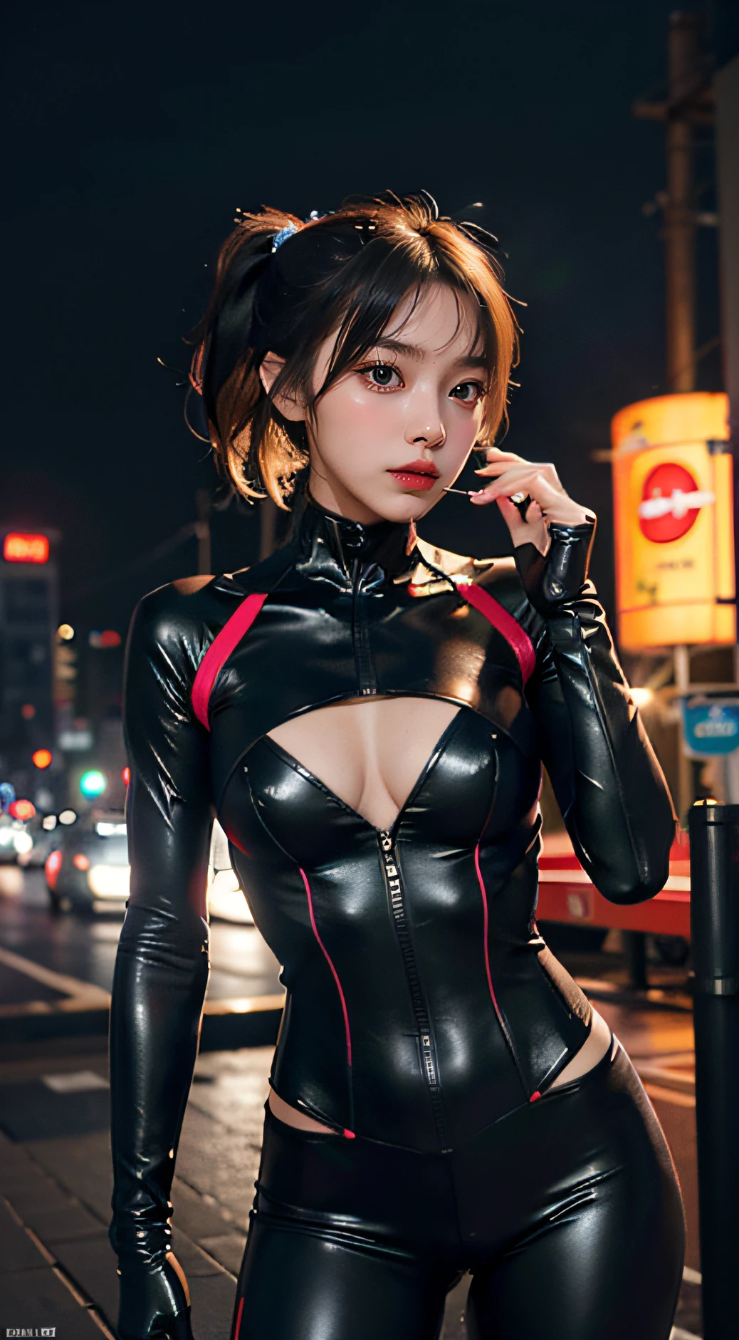 (8K, Raw foto, Best Quality, Mastery:1.2), (realisitic, Realistis:1.37),(Kpop idool), (aegyo sal:1),Cute,Professional Lighting, photon maping, Radio City, physically-based renderingt , Cosplay, Lucy \(cyberpunked\), bob cuts, Mechanical parts, grey eyes, Black tight suit, Cyberpunk City, Black pants, natta, neon lit, Sexy, Smoke, look up at viewer,, High resolution in 8K, 8K, CG Wallpapers, realisitic, Clear background, mideum breasts, Body