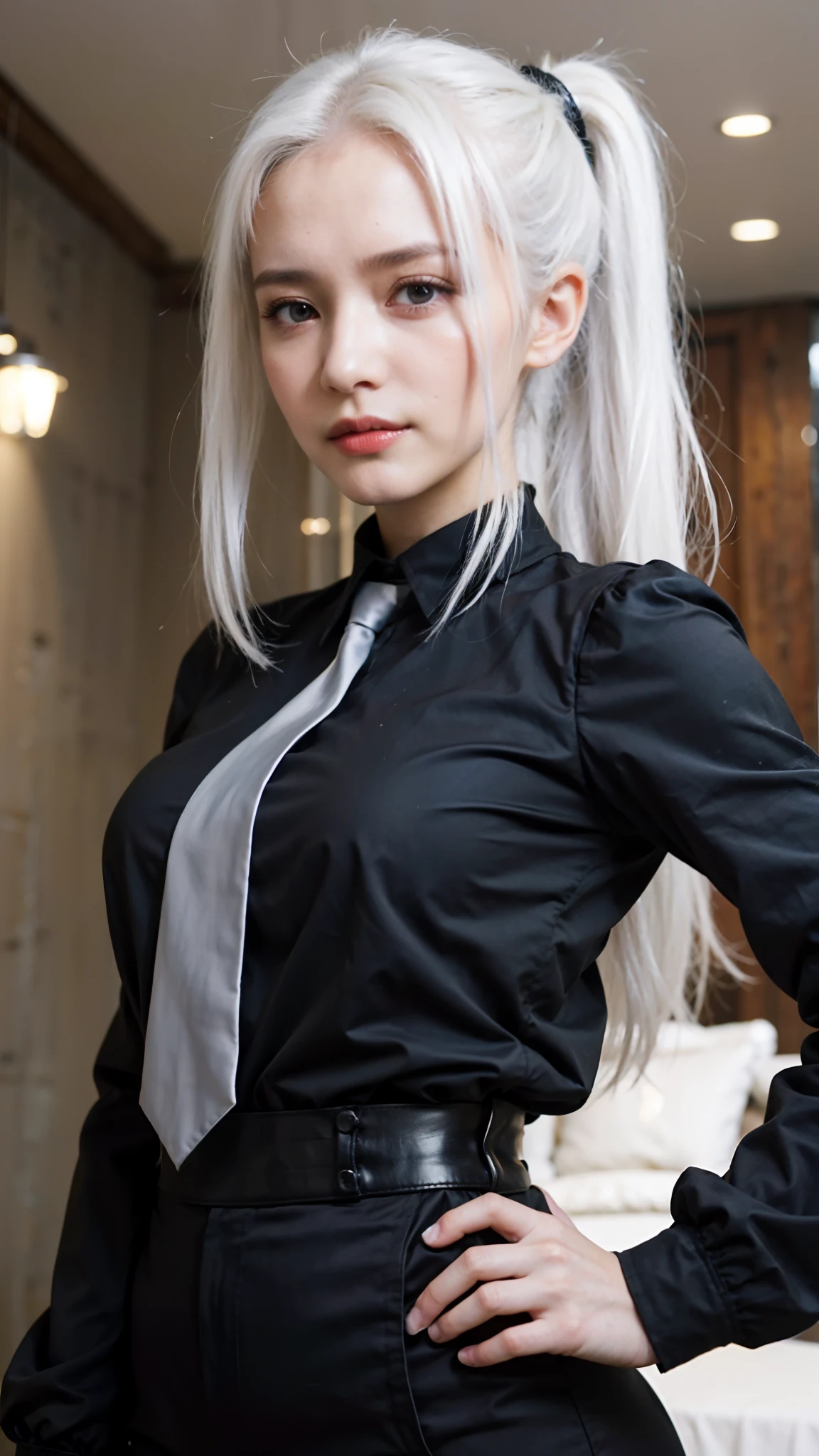 arafed woman in a black shirt and tie posing for a picture, tifa lockhart with white hair, perfect white haired girl, silver hair (ponytail), 2 b, 2b, fine details. girls frontline, white haired, from girls frontline, girl cosplay, white haired lady, High quality image, masterpiece, detailed hair texture, detailed skin texture, detailed cloth texture, 8k, add fabric details, ultra detailed skin texture, ultra detailed photo, skin pores, cloth details, high skin details, realistic hair details