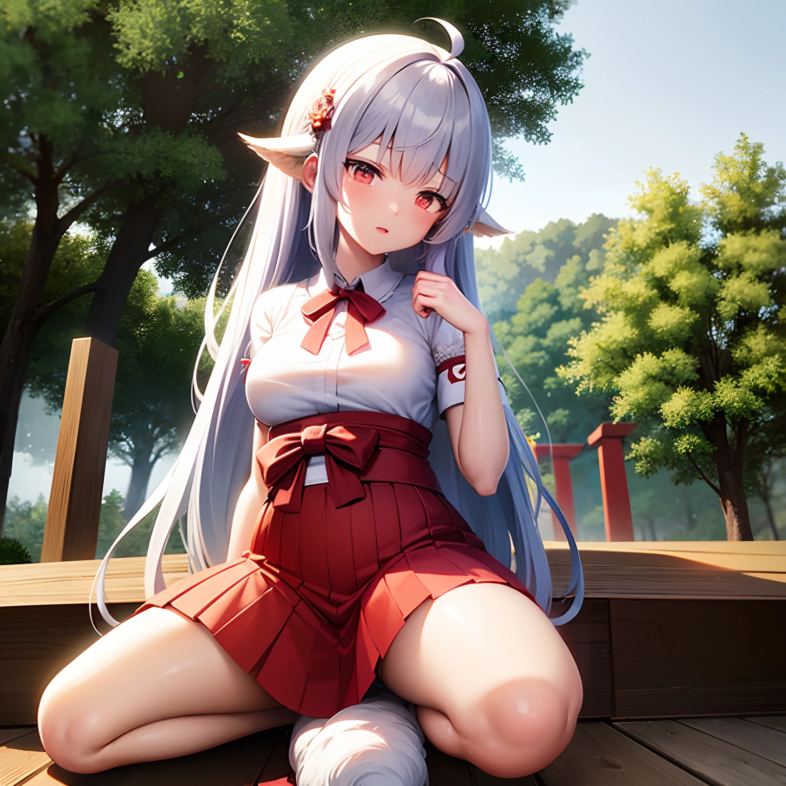 masterpiece, high resolution,
out door, tennis court、
from below, straight-on,
(girl:1.2), (solo:1.1),
sundress,
smile, upskirt, nsfw, pussy, ((vagina))
two side up,grey hair,animal ears,white hair,two side up,red_ribbon,red_eye,orange eys,
grey fox tail, bottomless, ((pubic hair)) ,skirt lift by myself