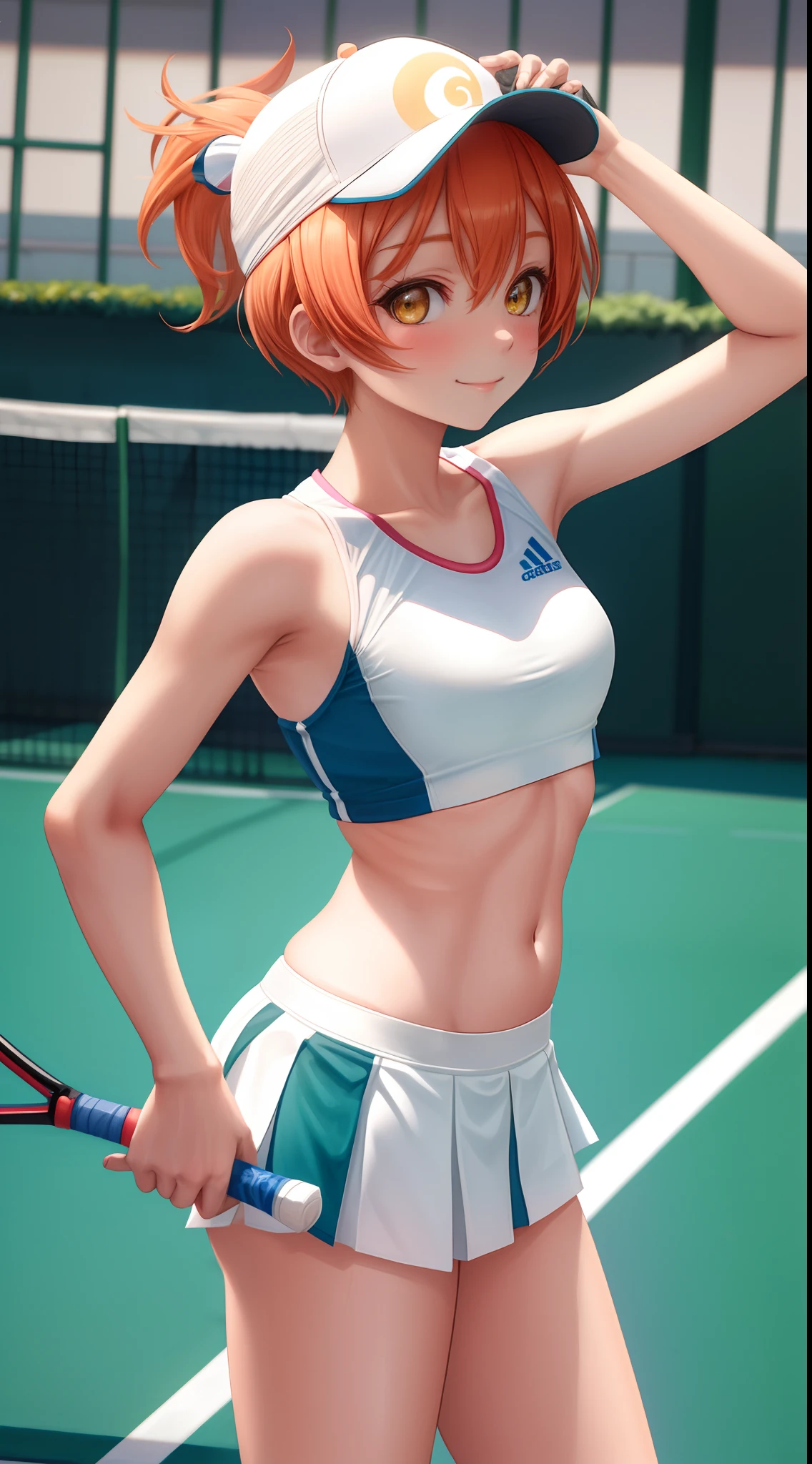 Hoshizora rin, bangs, beautiful, beautiful woman, perfect body, perfect breasts, wearing a tennis outfit, sports panties, wearing a tennis hat, being on the tennis court, looking at the audience, a slight smile, masterpiece, textured leather, super detailed, high detail, high quality, best quality, 1080p, 16k, Adidas, standing, midriff,toned stomach, exposed chest ribs