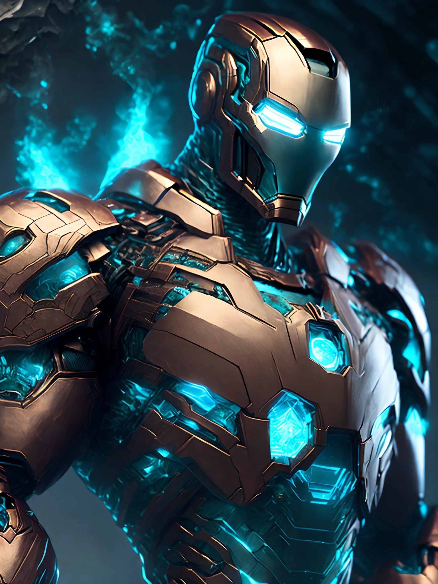 Close-up (  Cyan crystal-Ironman from Marvel in Goth style: 1.3) emerging from the witches castle, extremely detailed, smoke, sparks, metal shavings, flying debris, volumetric light
