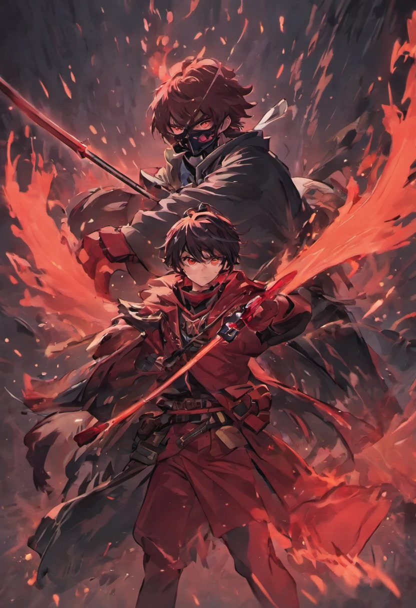 a man with two hunter wearing a red heading with black mask having two katanas on back