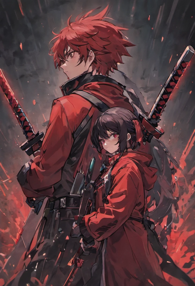 a man with two hunter wearing a red heading with black mask having two katanas on back