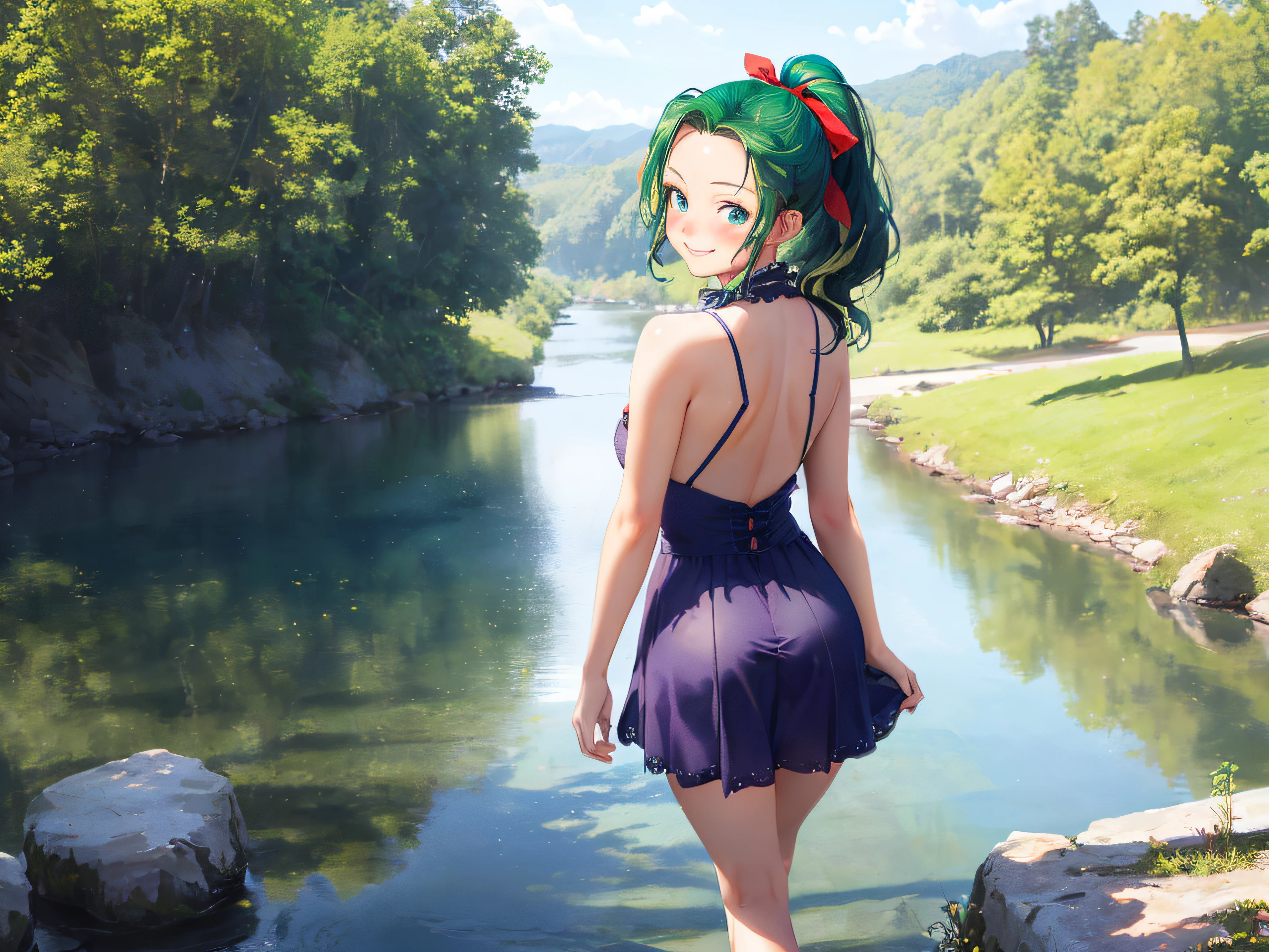 ((((Tina Branford)))), ((1little girl)), , (((deepgreen hair))), (deep blue eyes), ((Forehead)), (ponytail), big red ribbon,
(at river),
photographrealistic, Sense of depth, Absurd resolution, High resolution, 8K, 4K, detail, Best Quality, (Raw photo, Best Quality, masters:1.2), (Realistic, Photorealsitic:1.37), ultra-detailliert,
Smile, Looking at the camera, full-face blush, Open legs, (walking), (Looking back), Angle from below, Full body shot,