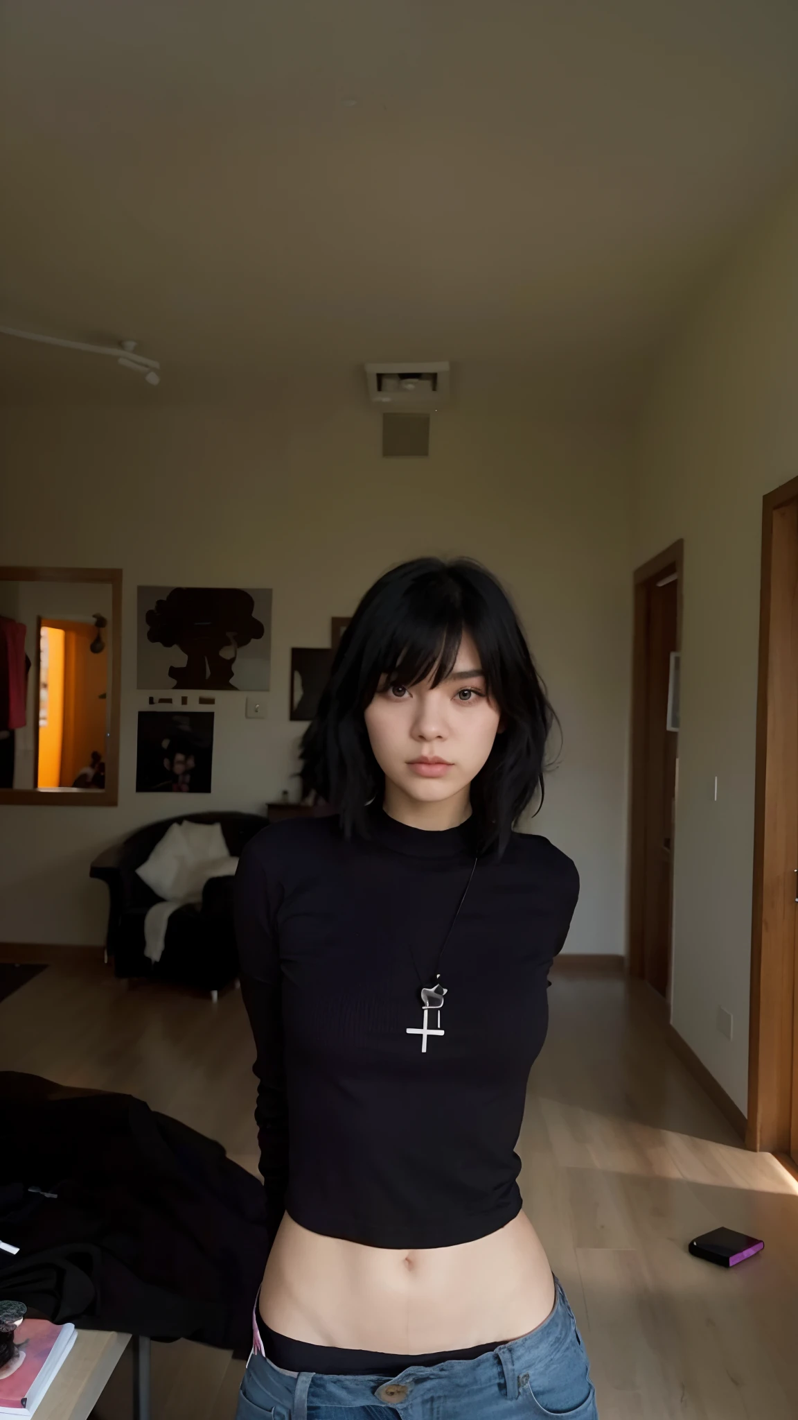 Hay una mujer parada en una sala de estar con una camisa negra, Ella tiene el pelo negro con flequillo, 17 years old - gothic girl, Cabello negro Hime cortado, cabello negro y flequillo blanco, El Corte Hime, cruel korean goth girl, flequillo negro, solo unos pocos flequillos de cabello, Flequillo contundente cae sobre su frente