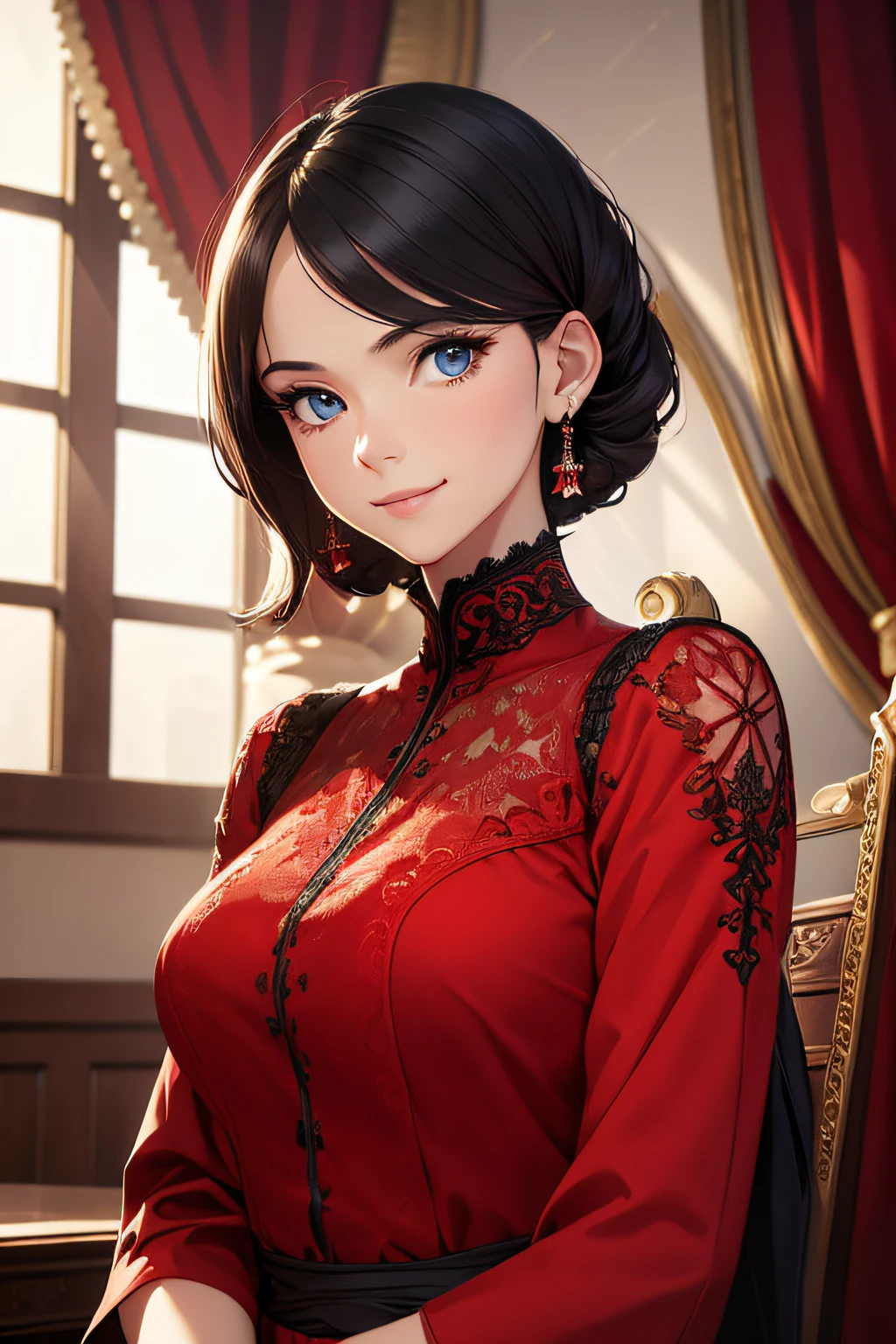 (best quality), (masterpiece), (high resolution), (intricate details:0.2),(professional lighting), room, detailed background, over sized red dress, half body, (previous view), 1girl, solo, (beautiful face:1.40), slim body, fine skin, smile, short wolf cut black hair, sky blue eyes, (Medium beasts:1.10), see at viewer,