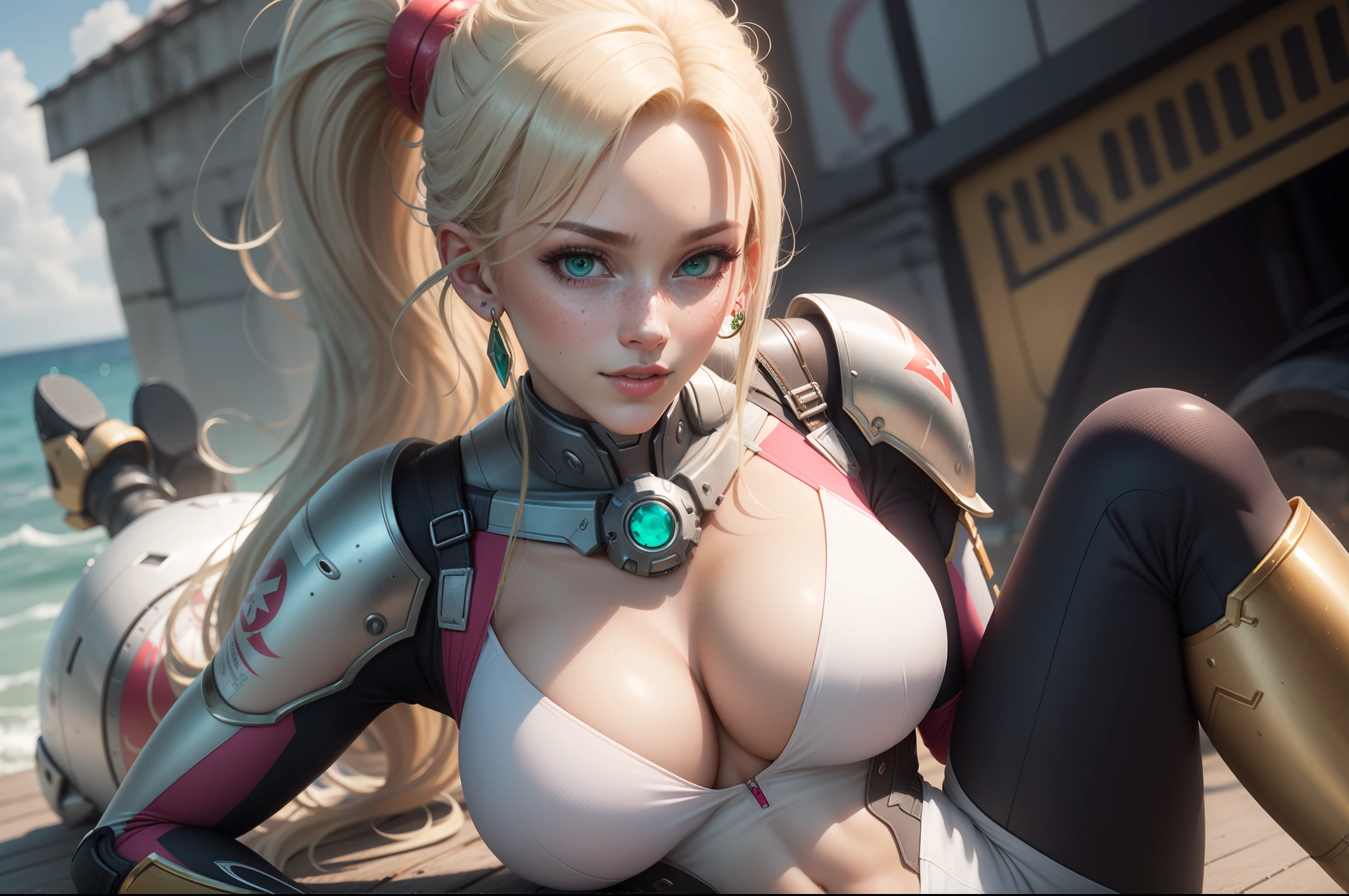 gwen tennyson,samus aran,mercy, 1girl,atelier ryza,overwatch,close up, mecha pilot,ocean view,tattoos,pink and silver plugsuit,white short sleeve lycra top,steel cargo pants,uncovered belly,super long saiyan ponytail hair,cute makeup,green eyes,dimensional golden hair,shy smile,freckles,beautiful girl,large breasts,8k,ultra detailed,realistic,fantasy art,saiyan armor,cyborg armor,steel armor,harbor shore,military uniform,ear piercings,hair pin,super saiyan girl,saiyan female,portrait close up,