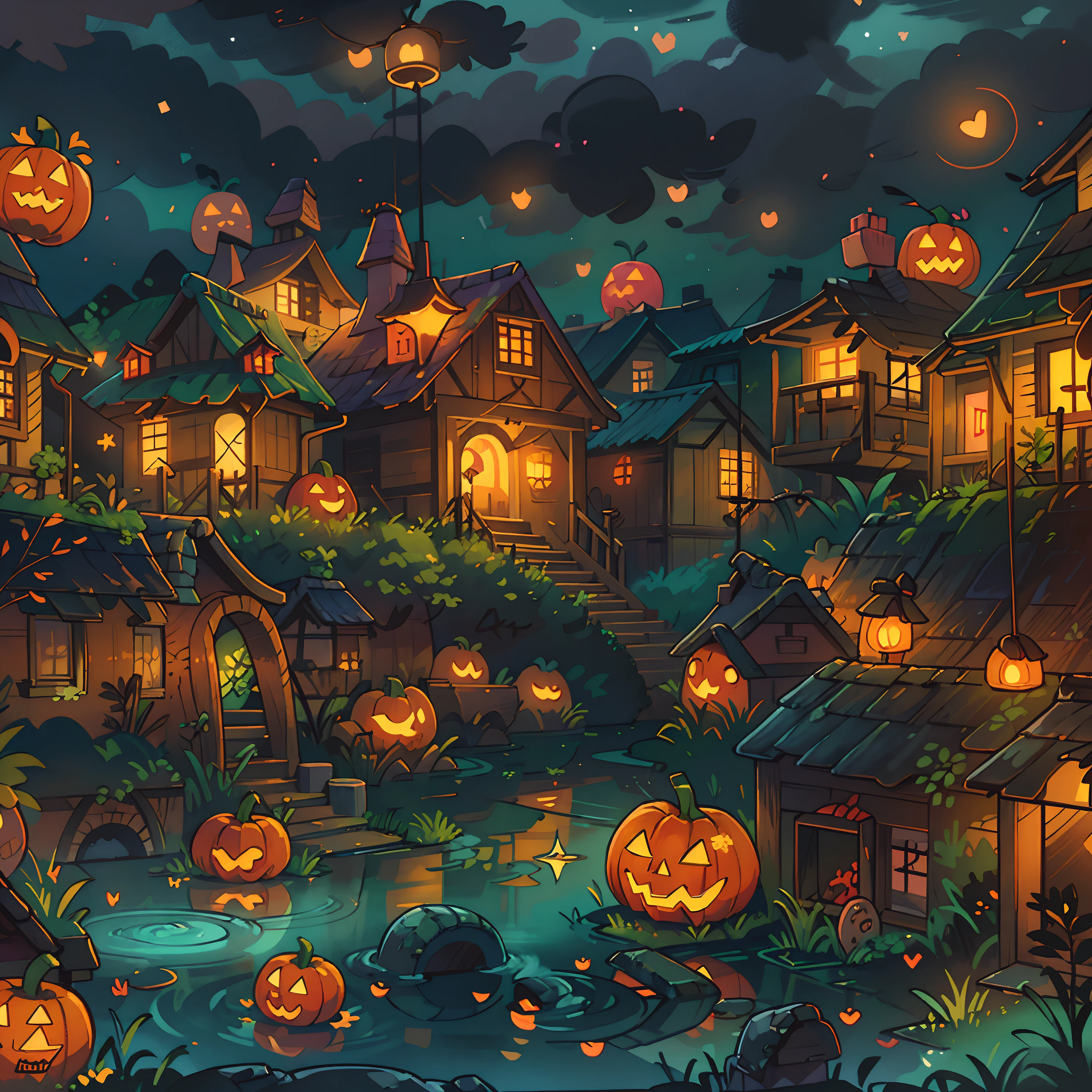 Halloween Floating Lights, Cinematic light and reflection, glowing lights, houses halloween themes,Digital Painting, Glowing reflections, pumpkin Halloween Jack-o'-lantern, calm night, Digital Illustration, Beautiful atmosphere, Skylight at night, Calm evening atmosphere, Jack-o'-lantern, Halloween, the night, Halloween, Surrounded by clouds, gorgeous colors, There are three arches in the foreground((color ink)), ( (Splash ink ) ), ((Splash ink) inky})), tmasterpiece, high quarity, Beautiful graphics, high detal, Magnificent, (contest winner art)