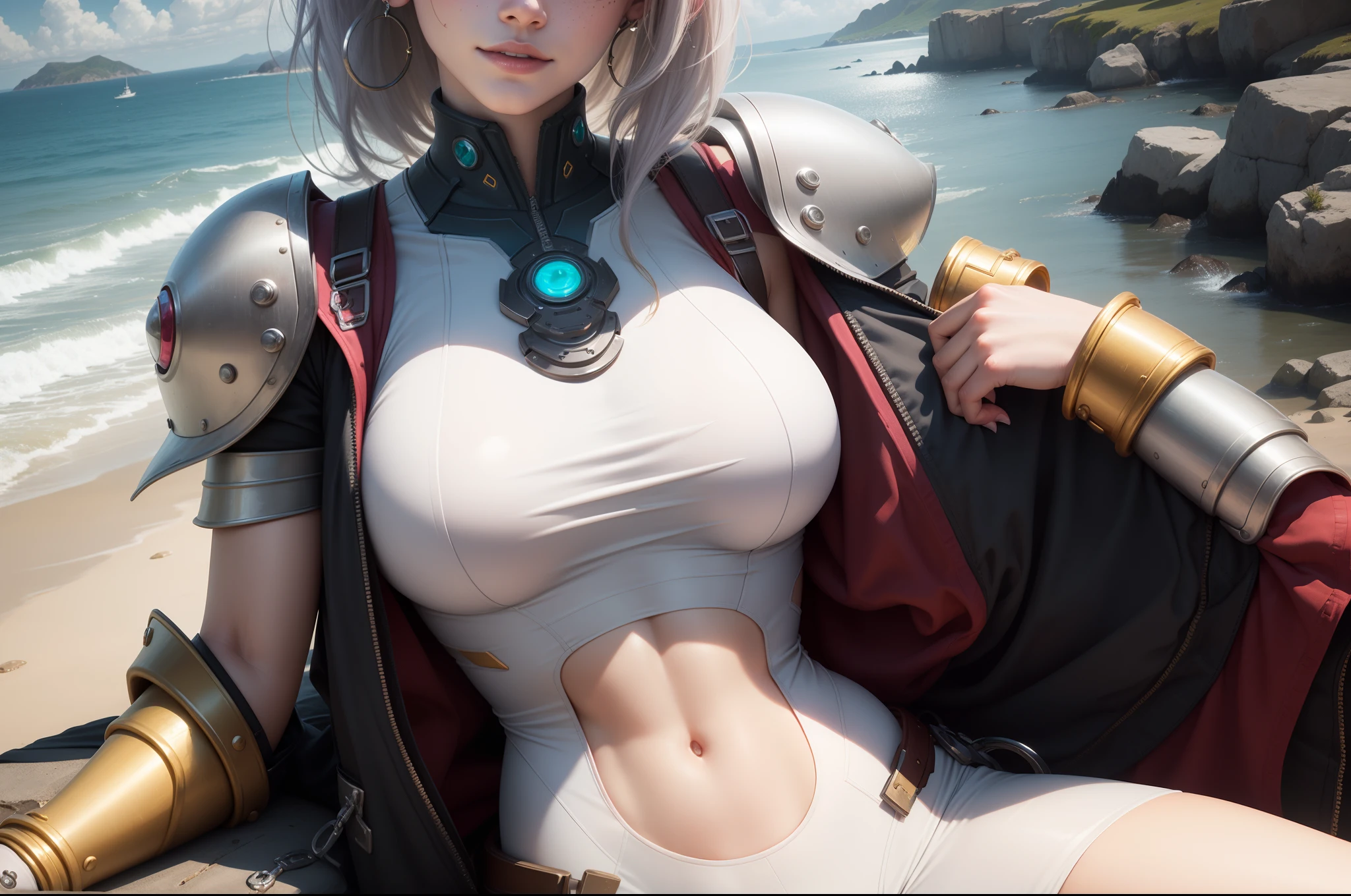 gwen tennyson,samus aran,mercy, 1girl,atelier ryza,overwatch,close up, mecha pilot,ocean view,tattoos,pink and silver plugsuit,white short sleeve lycra top,steel cargo pants,uncovered belly,super long saiyan ponytail hair,cute makeup,green eyes,dimensional golden hair,shy smile,freckles,beautiful girl,large breasts,8k,ultra detailed,realistic,fantasy art,saiyan armor,cyborg armor,steel armor,harbor shore,military uniform,ear piercings,hair pin,super saiyan girl,saiyan female,portrait close up,