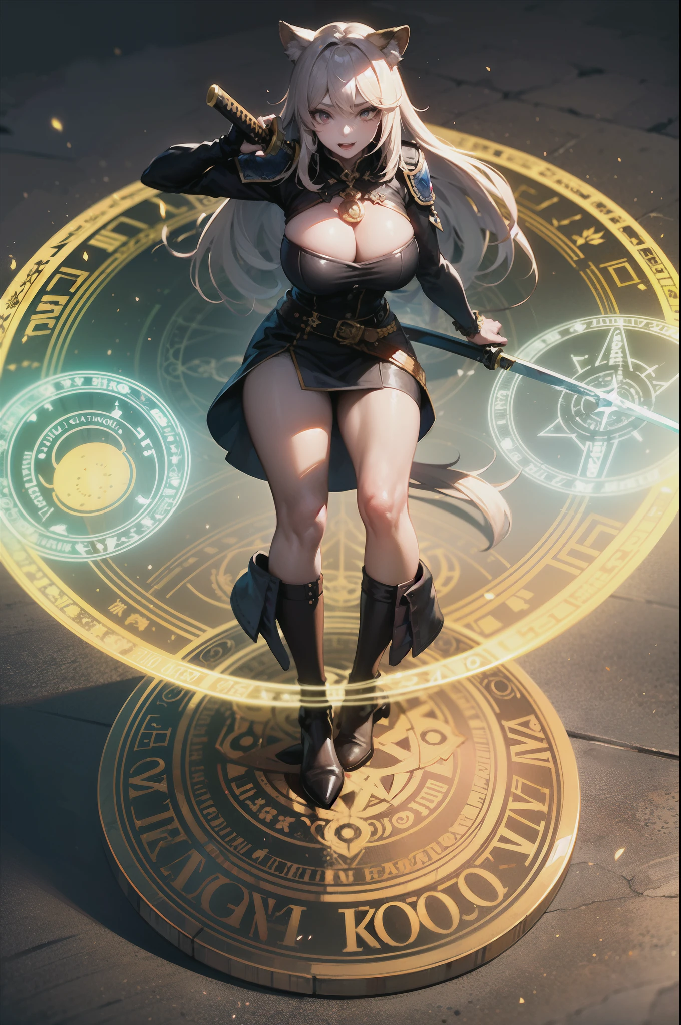 1girl, arcane fighter, gigantic breasts, raccoon ears, magic circle, magic spirit  globe, Holding katana, guard pose, epic details, ultra detailed artwork
