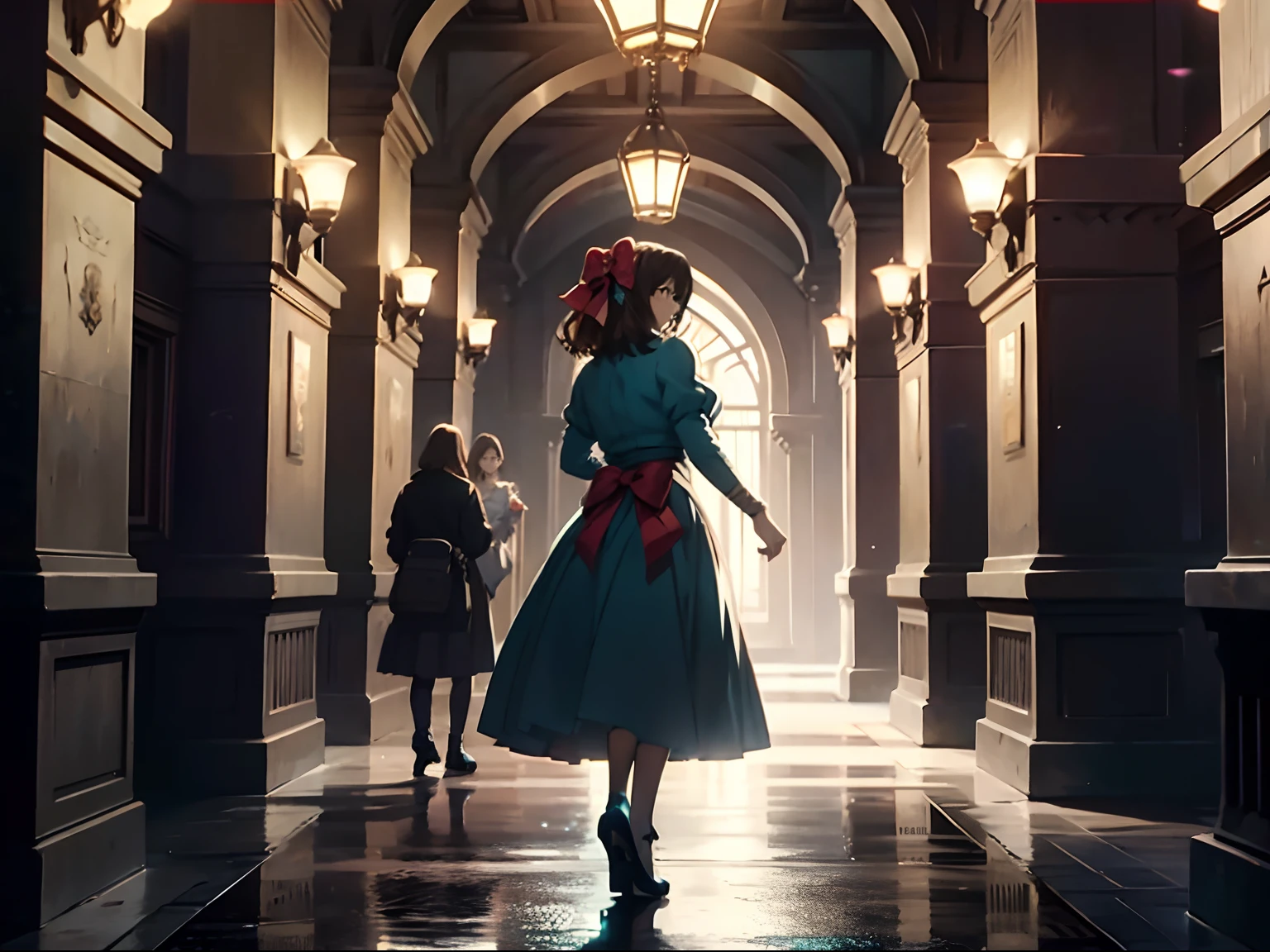 In the mansion，(A mother pulls the girl forward1.2)，Side Body，full bodyesbian，Princess shoes have bows on them，Brown hair, Hair Bow, aqua eyes, (Back 1.5)Earrings, anime big breast, Cinematic lighting,  8K, Best quality, A high resolution，Wide shot, From behind,