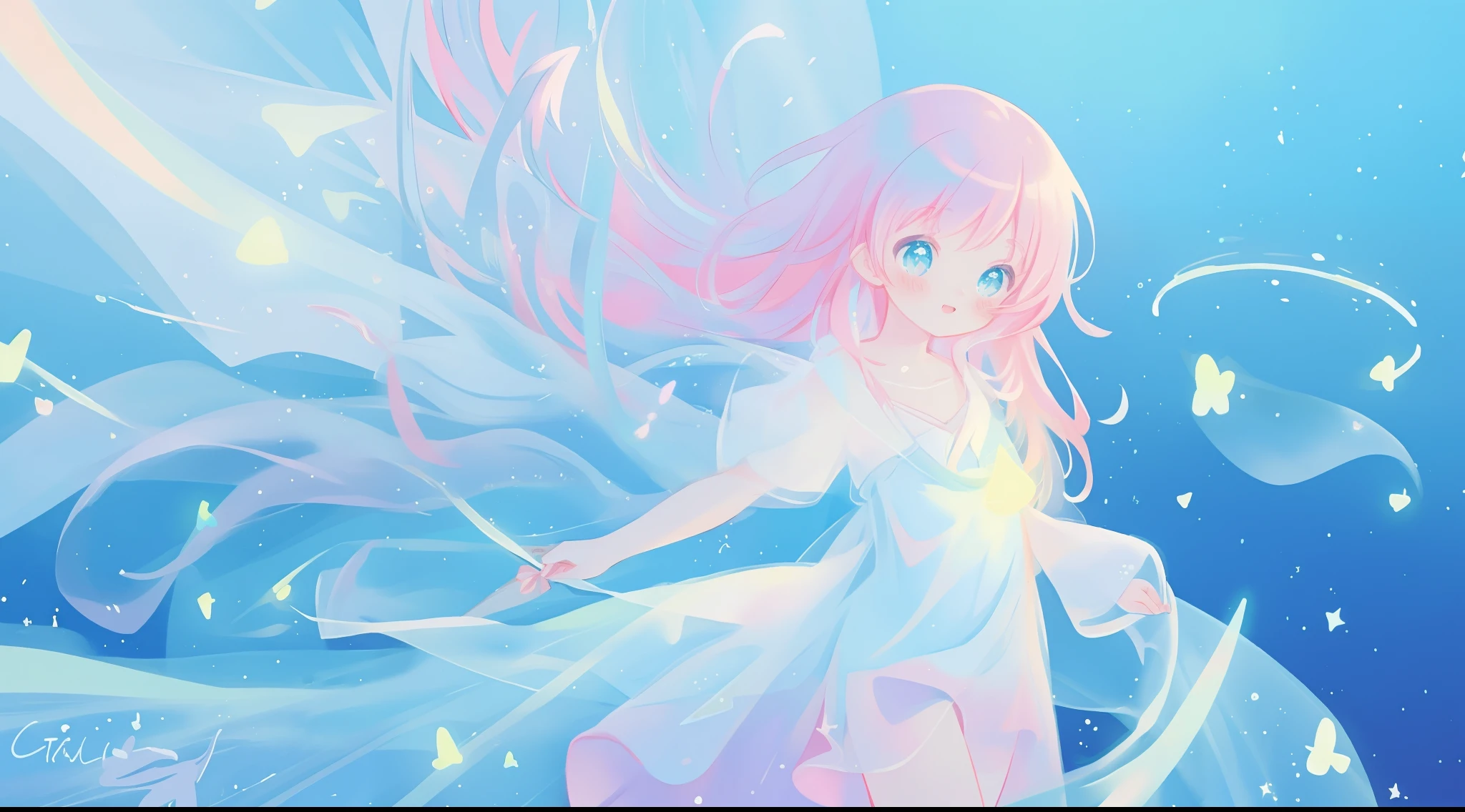 beautiful anime girl in colorful liquid dress, vibrant pastel colors, (colorful), magical lights, sparkling lines of light, inspired by Glen Keane, inspired by Lois van Baarle, disney art style, by Lois van Baarle, glowing aura around her, by Glen Keane, jen bartel, glowing lights! digital painting, flowing glowing hair, glowing flowing hair, beautiful digital illustration, fantasia background, whimsical, magical, fantasy, beautiful face, ((masterpiece, best quality)), intricate details, highly detailed, sharp focus, 8k resolution, sparkling detailed eyes, liquid watercolor