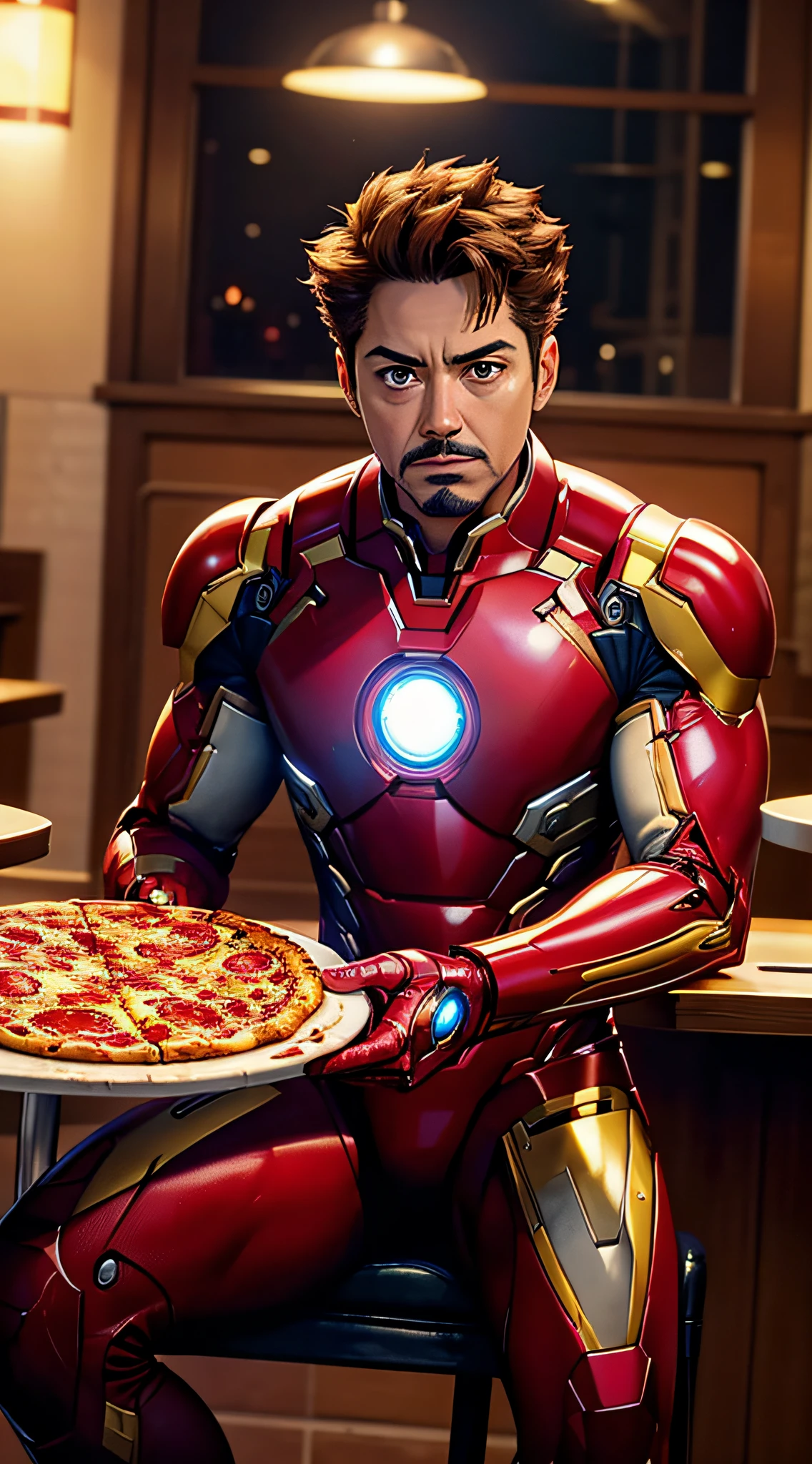 MARVEL, TONY STARK, Iron Man without his helmet ((sitting)) in a beautiful, well-lit pizzeria, ready to eat a pepperoni pizza, ((looking straight at the viewer)), ((NO HELMET))