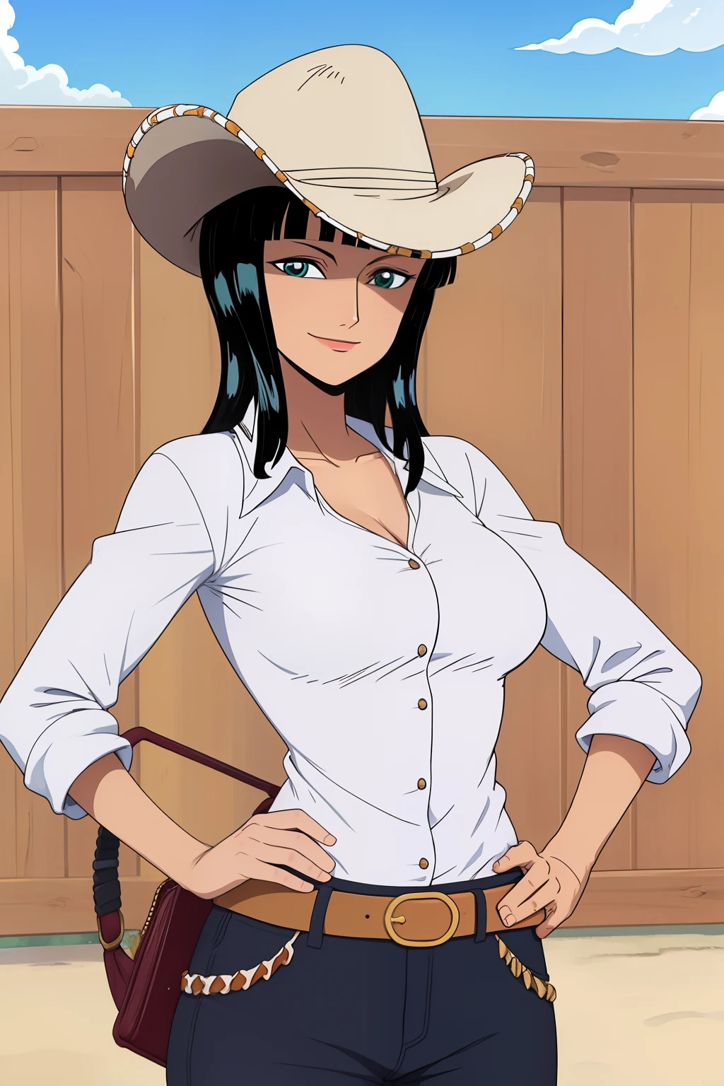 1girl,nico robin,cowboy shot,mature female,happy,light smile,