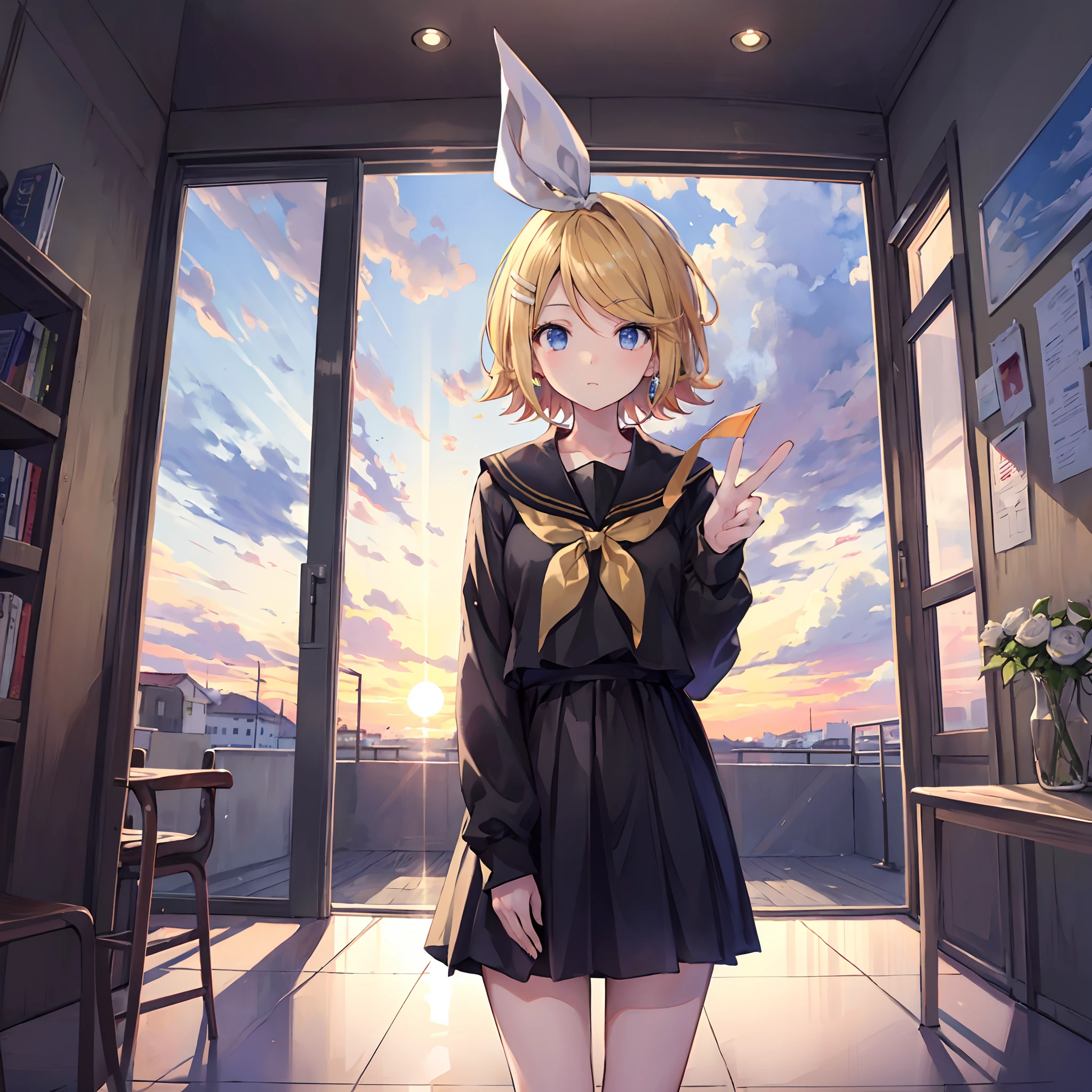 Kagamine Rin , por rubio , coletas 、ojos rojos、Hermosa chica sola、quimono、una minifalda、aula de escuela 、sentado en pupitre , luz de atardecer (entrando por la ventana , cortinas que se mueven un poco con el viento