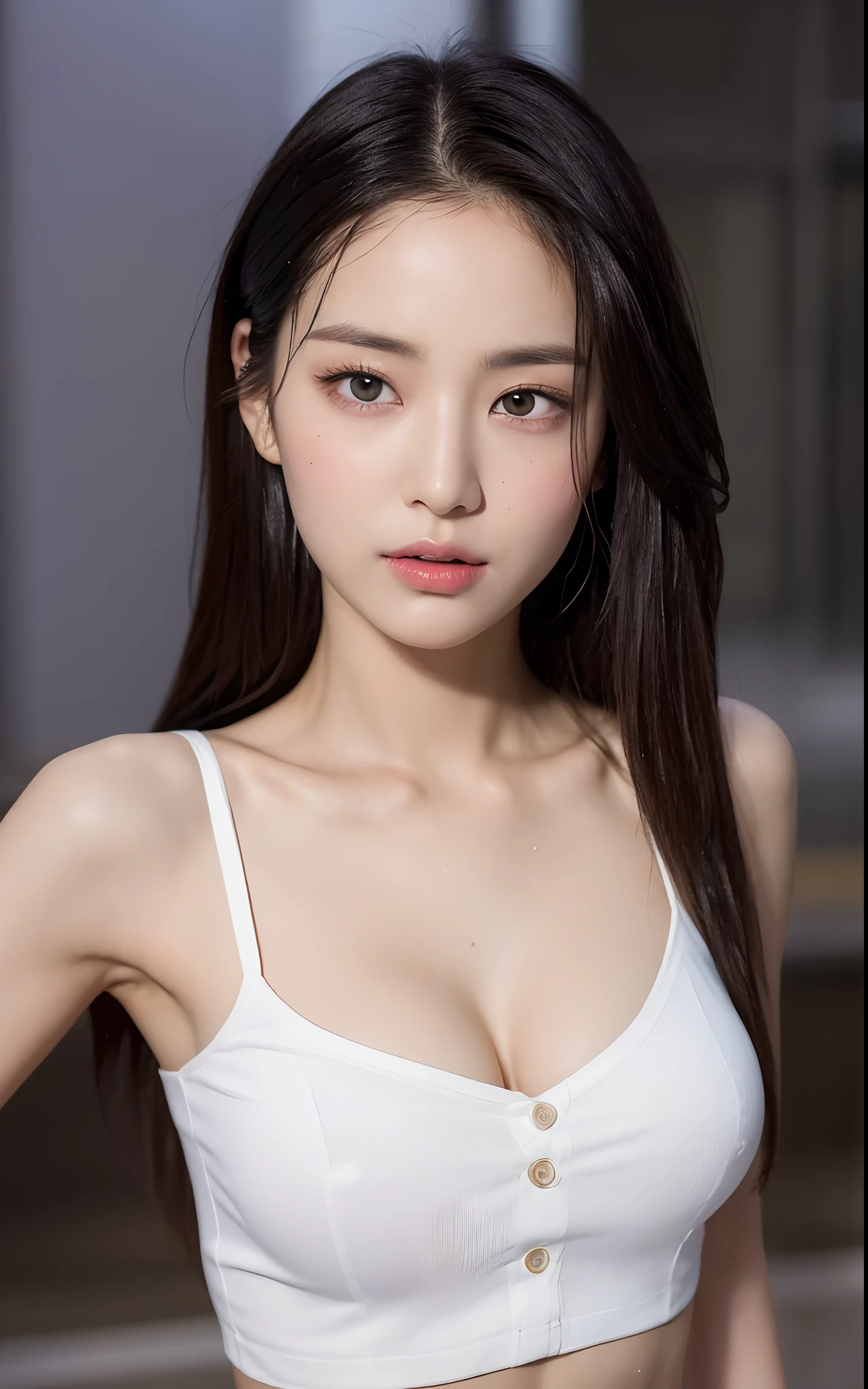 ((Best Quality, 8K, Masterpiece: 1.3)), Sharp: 1.2, Perfect Body Beauty: 1.4, Slim Abs: 1.2, ((Layered Hairstyle, Big Breasts: 1.2)), (Wet White Button Long Shirt: 1.1), (Rain, Street: 1.2), Wet: 1.5, Highly detailed face and skin texture, detailed eyes, double eyelids, side face looking at the camera