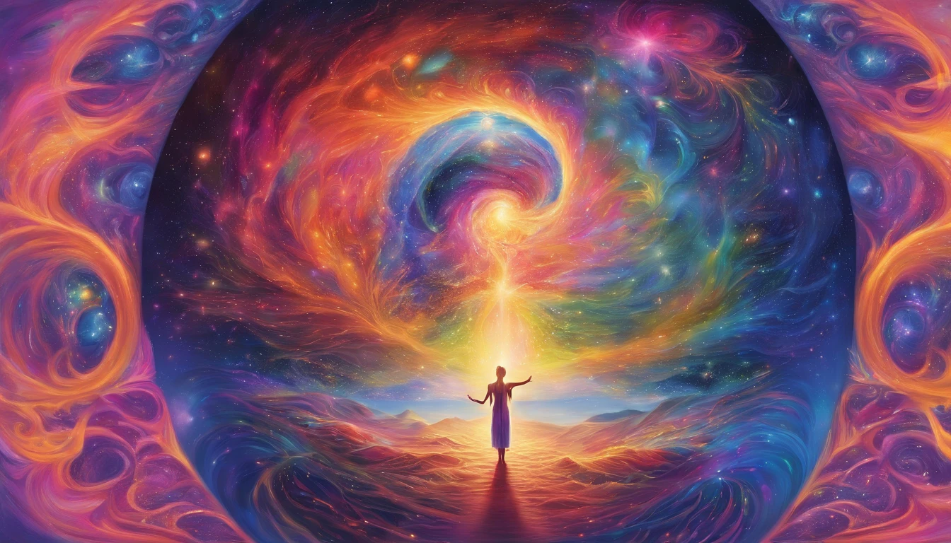 In the center of the image, The human figure is surrounded by a powerful aura of light, It is emitted outward in all directions, It symbolizes the relationship with the gods. The aura is made up of a variety of colors, Purple clouds, Shades of blue, green, And pink, It produces dynamic and energetic energy.. There is a very bright glowing spot in the middle of the forehead. The human figure appears to be in a meditative or meditative state, Keep your eyes closed, And the face is peaceful and serene. They seem to be completely one with the universe, It is connected to the surrounding stars and planets.. The images evoke a sense of awe and wonder, It makes the viewer think about the beauty and mystery of the universe.. It reminds us of the infinite possibilities that exist beyond our comprehension, And it encourages us to explore our spiritual connection to the universe and God.