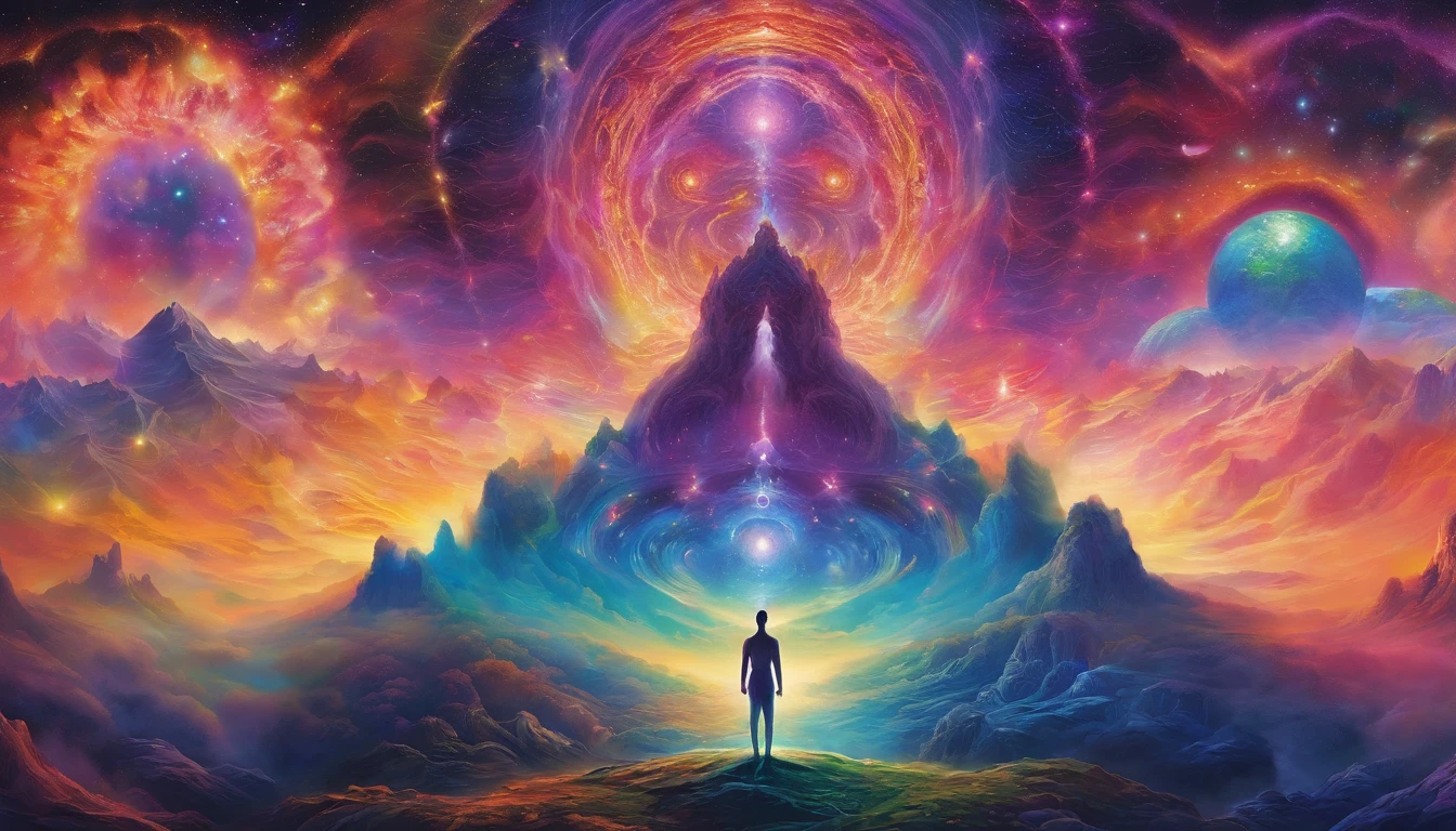 In the center of the image, The human figure is surrounded by a powerful aura of light, It is emitted outward in all directions, It symbolizes the relationship with the gods. The aura is made up of a variety of colors, Purple clouds, Shades of blue, green, And pink, It produces dynamic and energetic energy.. There is a very bright glowing spot in the middle of the forehead. The human figure appears to be in a meditative or meditative state, Keep your eyes closed, And the face is peaceful and serene. They seem to be completely one with the universe, It is connected to the surrounding stars and planets.. The images evoke a sense of awe and wonder, It makes the viewer think about the beauty and mystery of the universe.. It reminds us of the infinite possibilities that exist beyond our comprehension, And it encourages us to explore our spiritual connection to the universe and God.