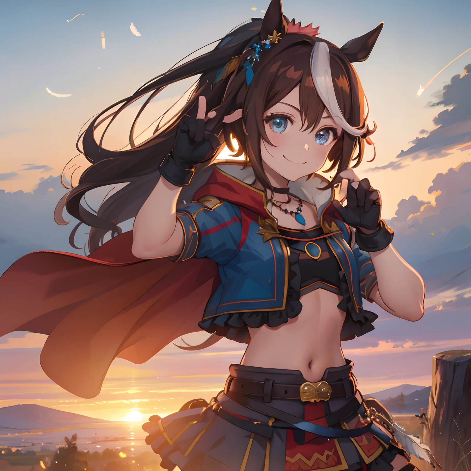 ((masterpiece, best quality)),1girl,Tokai Teio,Tokai Teio(horizon),horse ears,horse girl,brown hair,long hair,high ponytail,streaked_hair,multicolored_hair,blue eyes,jacket,cropped jacket,crop top,midriff,fingerless gloves,short sleeves,navel,skirt,belt,cape,jewelry,frills,hair ornament,hood down,necklace,thighhighs,boots,official_alternate_costume ,smile,victory pose,burning feathers, fire, dusk, sunset, outdoors,
