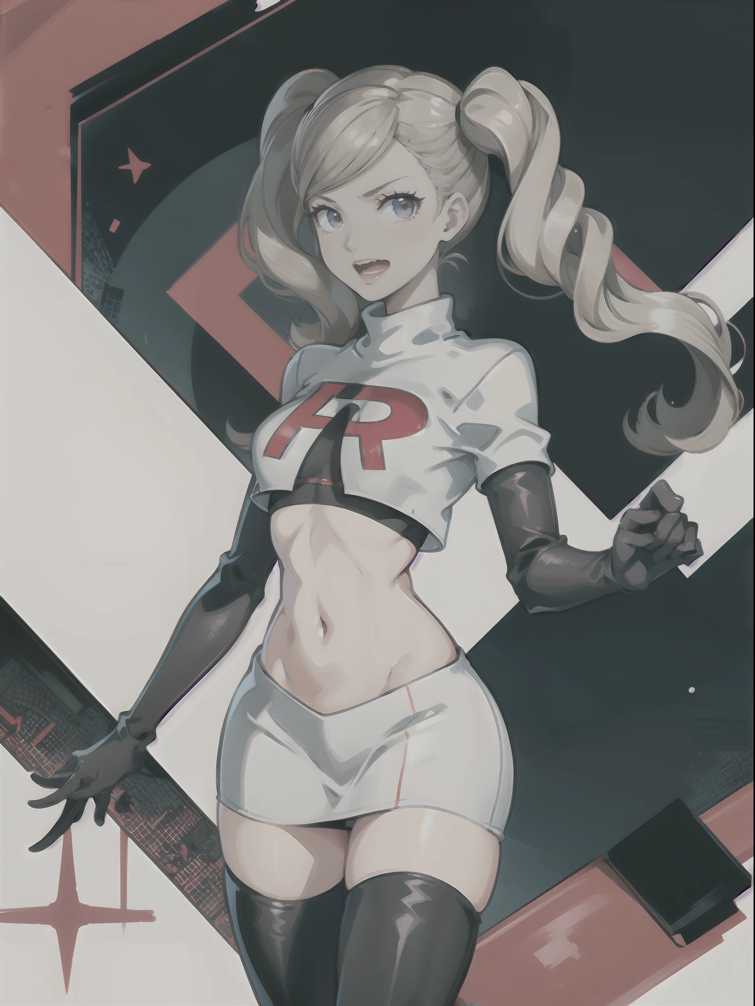 Ann Takamaki - Persona 5, 1girl,team rocket,team rocket uniform,white skirt,crop top, red letter R, black thigh-highs,black elbow gloves,evil laugh