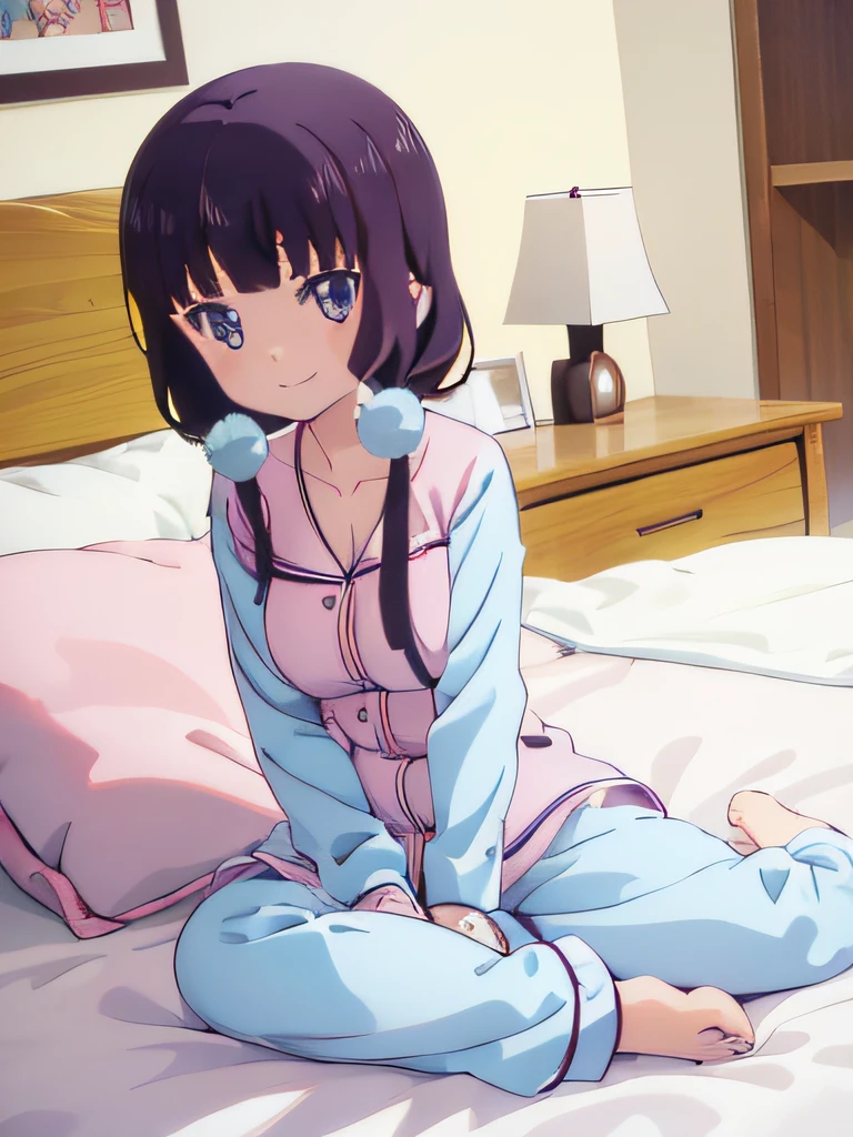 ((masutepiece)), ((Best Quality)), (Ultra-detailed), Anime style, on the bed, **************** s, 1girl in, Solo, Pajamas 00, ((Beautiful eyes)), large full breasts, Smile