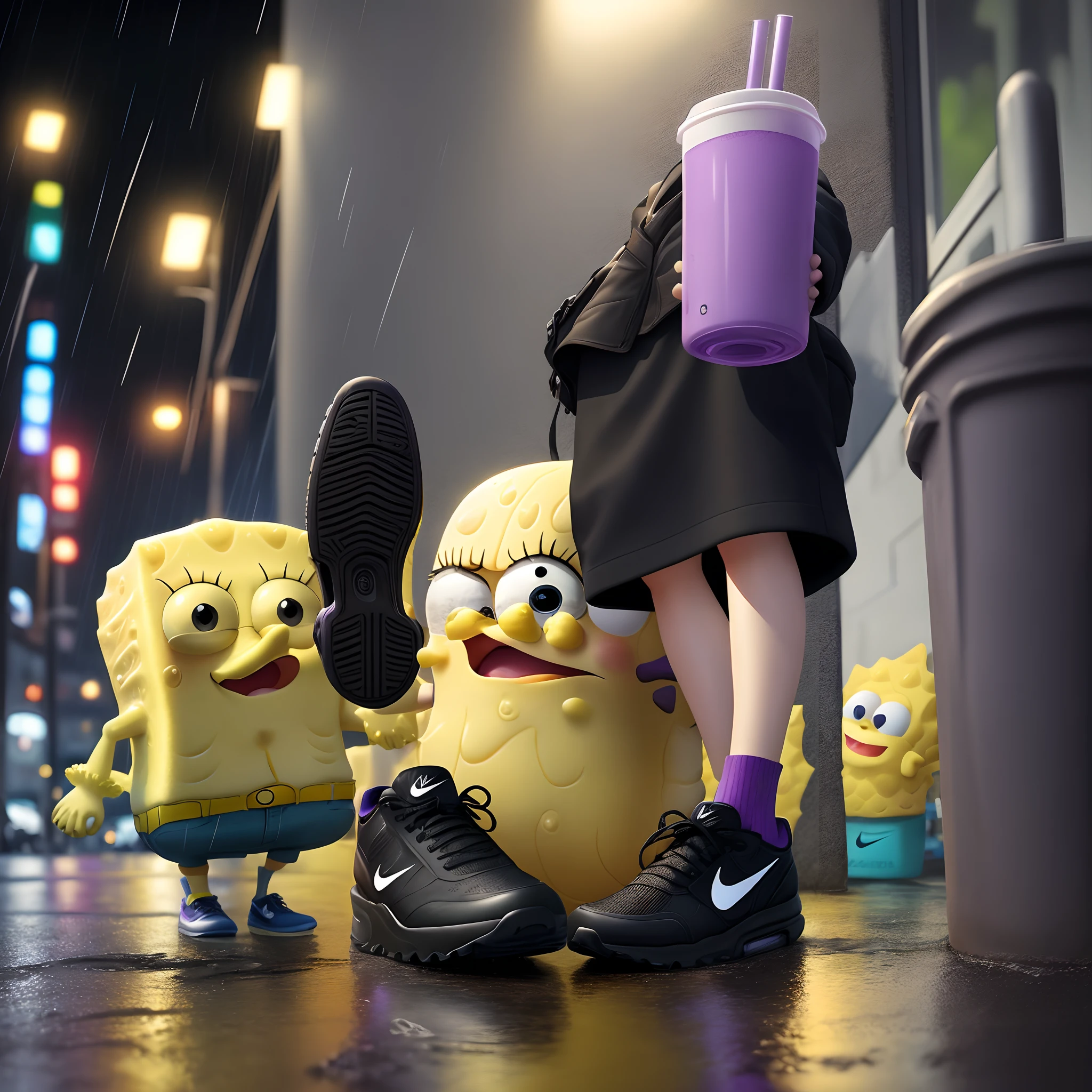 hyper realistic spongebob cartoon in rain at night drinking purple juice out of plastic cup with realistic glock in hand wearing balenciaga black shoes and a black nike tech