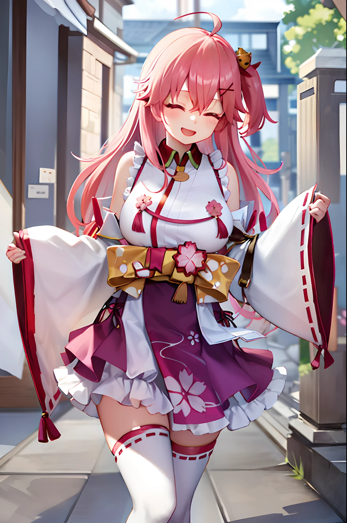 masterpiece, best quality, highres, miko1, sakura_miko, 1girl, big_boobs, solo, ahoge, x_hair_ornament, pink_hair, floral print, hairclip,(side_less_clothes:1.5), (side_boobs:1.5), hair_bell, floral print, long_hair, hair between eyes, one side up, white thighhighs, asymmetrical legwear, wide sleeves, open_mouth,(happy:1.3),close_eyes,big_smile,(raise_leg:1.3),plump,apart_legs,(overly_long_sleeves:1.3),),sleeves_past_wrists,hands_hidden_sleeves,sidelock_clothes,dynamic_posing,solo,hidden_wrists,(XD:1.4),covered_nipples,