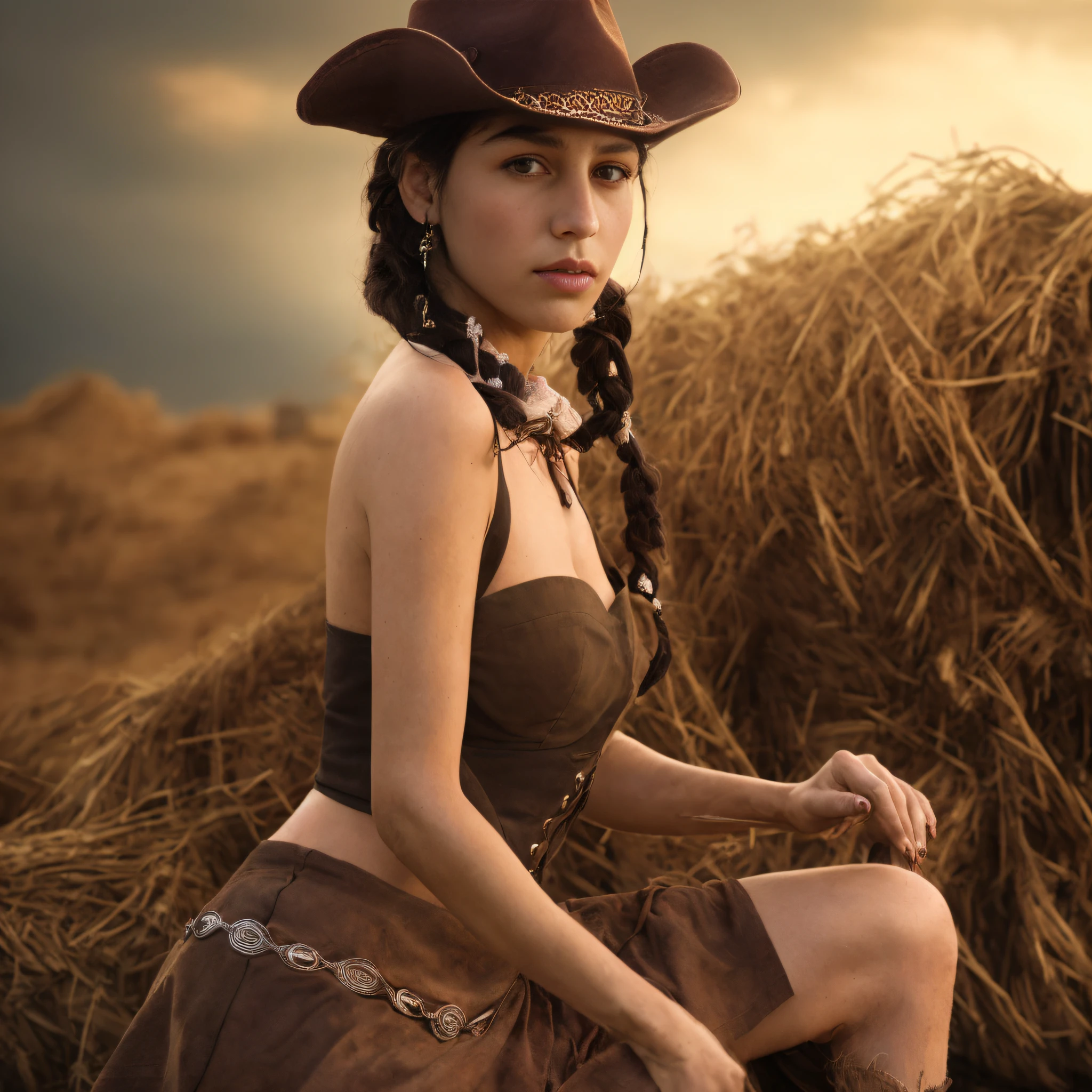 Arakfi woman in brown dress and cowboy hat sitting on a pile of hay, western cowgirl, revcowgirl, revcowgirl, COW GIRL, Post - Doomsday Cowgirl, beautiful cowboy witch, straw, Old West, portrait shooting, shot on canon eos r 5, shot on a Canon EOS R5, cowboy, close up portrait shot, with straw hat, Cowboy style