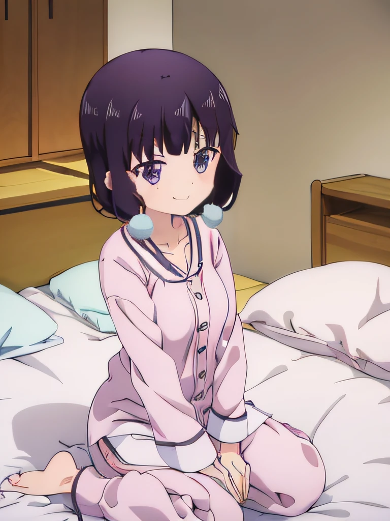 ((masutepiece)), ((Best Quality)), (Ultra-detailed), Anime style, on the bed, Cute little girl s, 1girl in, Solo, Pajamas 00, ((Beautiful eyes)), large full breasts, Smile