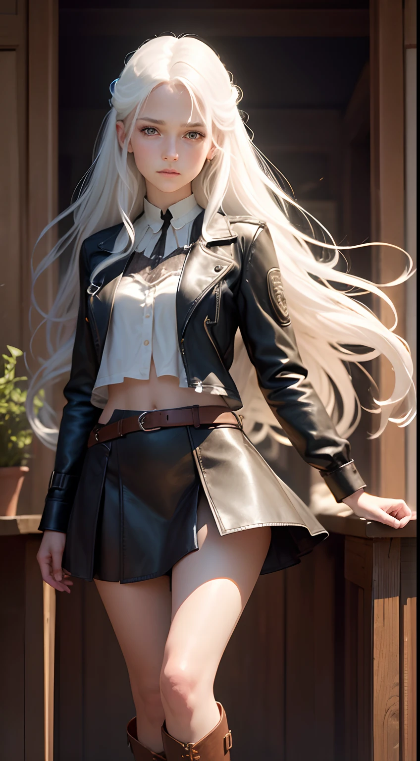 photorealistic, high resolution, soft lights, 1women, solo, hips up, blue eyes, white hair, long hair, close lips, collared shirt, black necktie,black skirt, pencil skirt, fur coat, stockings