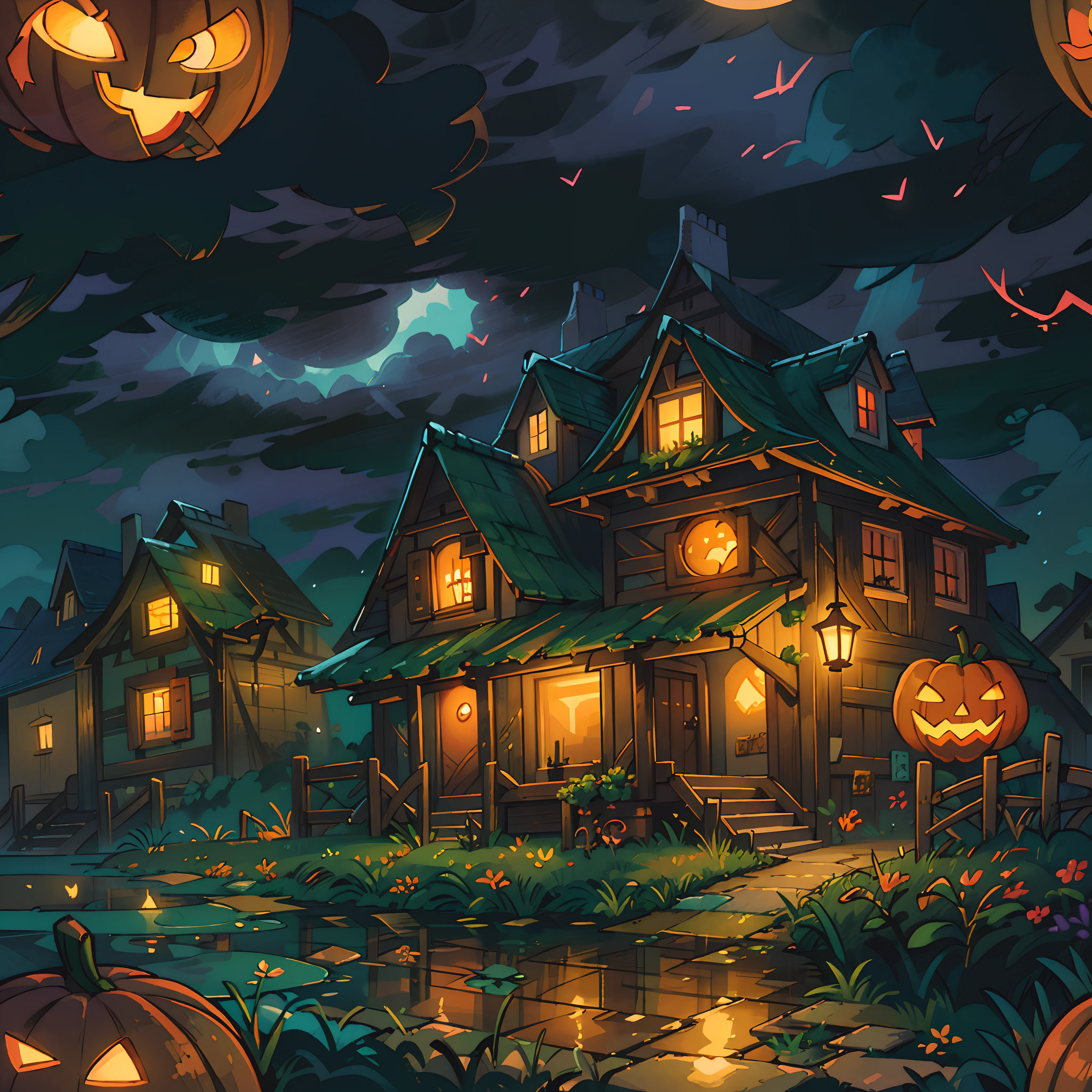 Halloween Floating Lights, Cinematic light and reflection, glowing lights, houses halloween themes,Digital Painting, Glowing reflections, pumpkin Halloween Jack-o'-lantern, calm night, Digital Illustration, Beautiful atmosphere, Skylight at night, Calm evening atmosphere, Jack-o'-lantern, Halloween, the night, Halloween, Surrounded by clouds, gorgeous colors, There are three arches in the foreground((color ink)), ( (Splash ink ) ), ((Splash ink) inky})), tmasterpiece, high quarity, Beautiful graphics, high detal, Magnificent, (contest winner art)