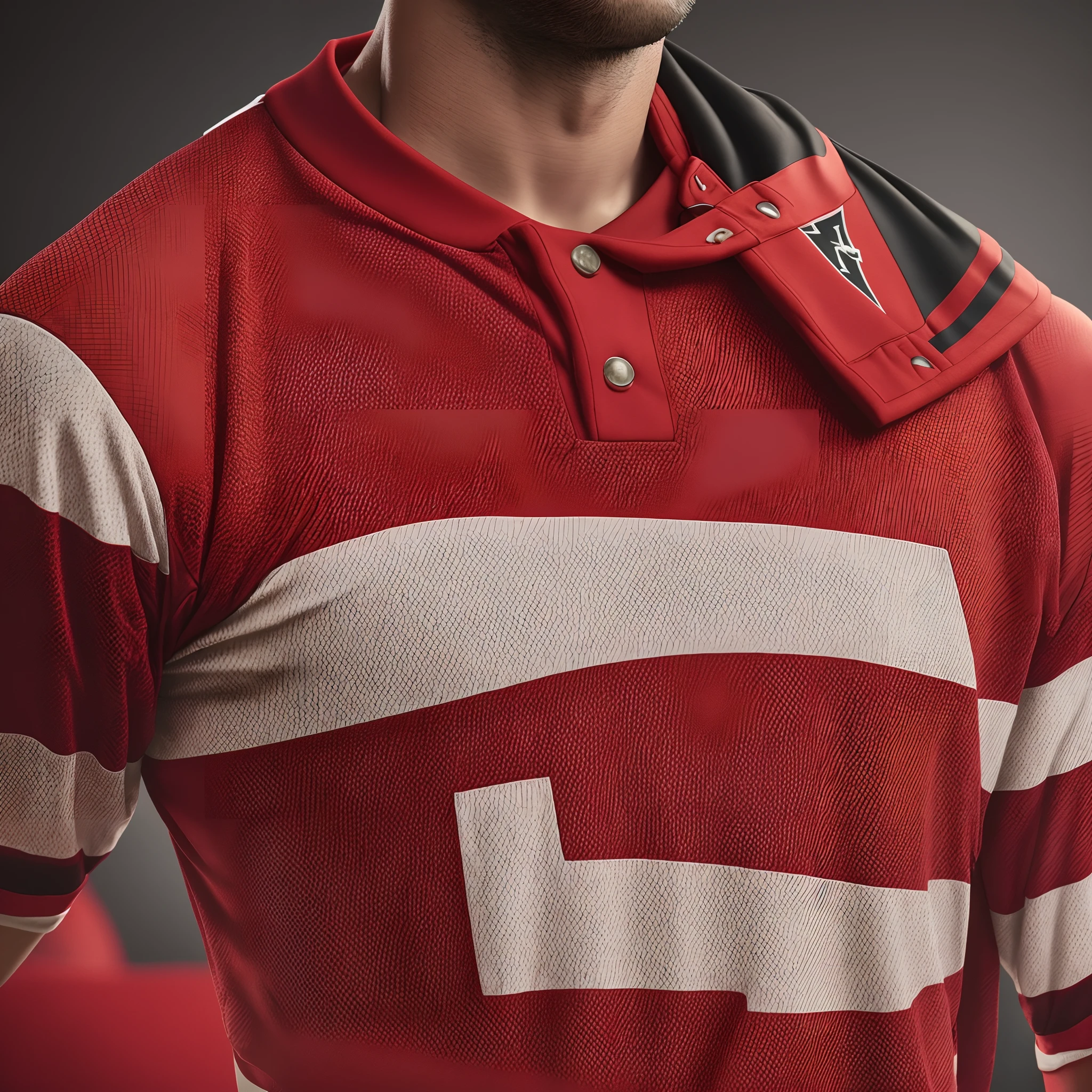 closeUp (red vintage football shirt with cord), no face , only torse, christmas detail cord, (masculin normal torse), (sport clothe), (top quality, detailed details, masterpiece, film lighting effects, 4K) red vintage football shirt --auto --s2