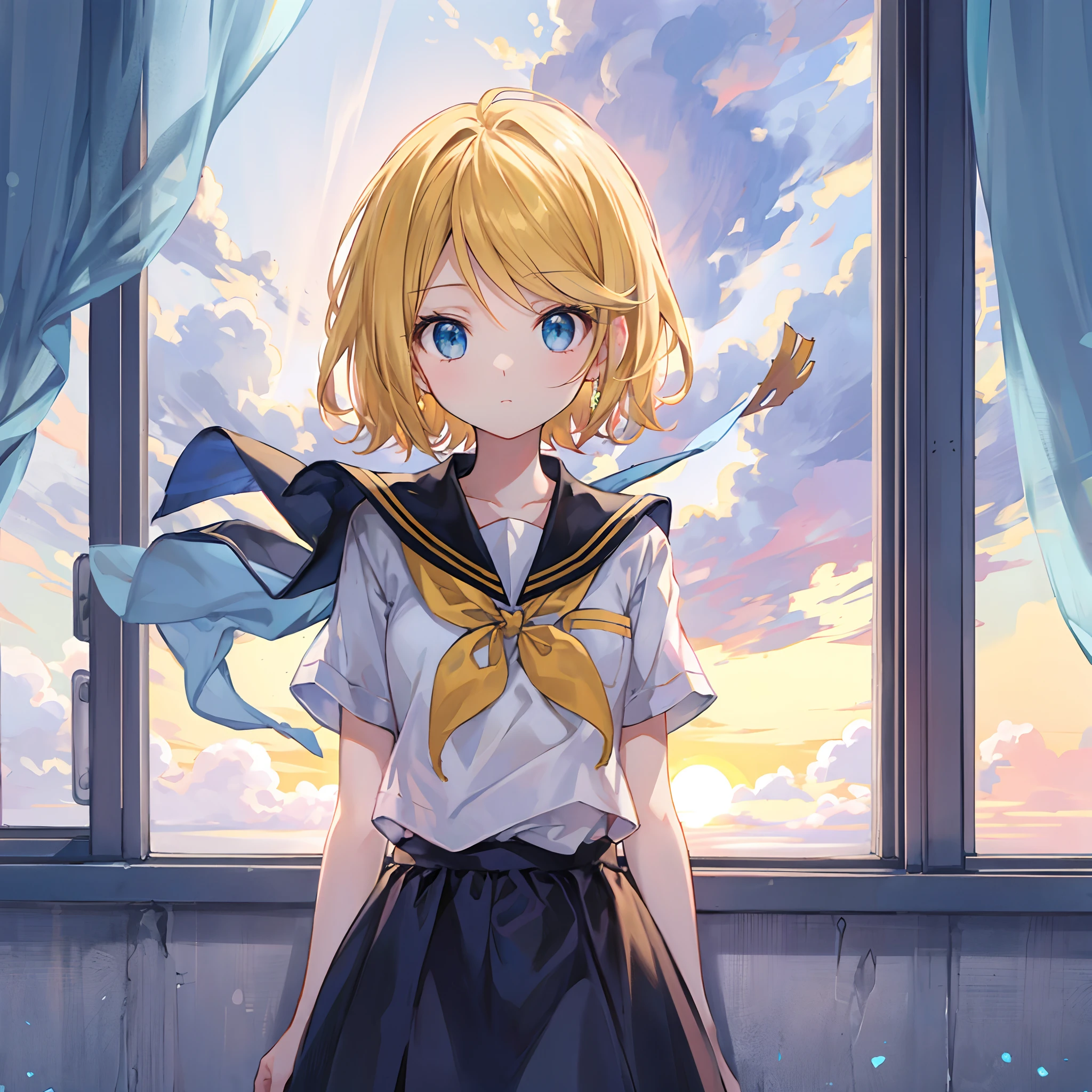 Kagamine Rin , por rubio , coletas 、ojos rojos、Hermosa chica sola、quimono、una minifalda、aula de escuela 、sentado en pupitre , luz de atardecer (entrando por la ventana , cortinas que se mueven un poco con el viento
