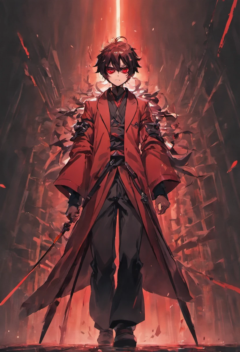a man with two whips holding in hands wearing a red heading with black mask having two katanas on back