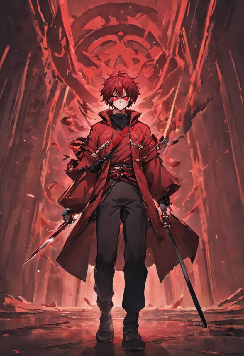 a man with two whips holding in hands wearing a red heading with black mask having two katanas on back