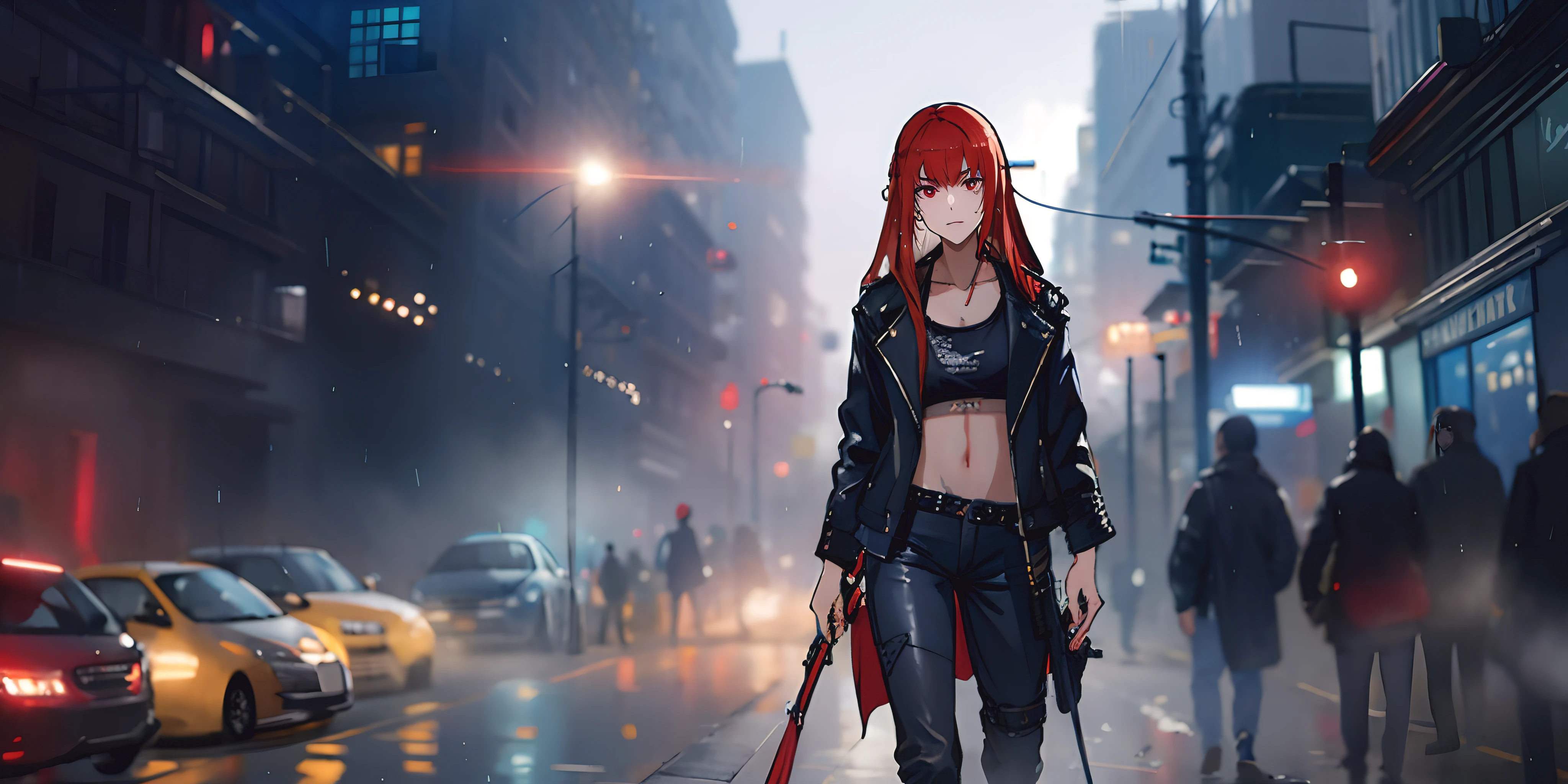 verapgr_rozen, (long hair, red hair, white hariband:1.5), (red eyes:1.5), breasts, epic art, fantasy, blurry, blurry_background, pants, depth_of_field, 1girl, breasts, jacket, night, cleavage, black_pants, black_jacket, blurry_foreground, looking_at_viewer, open_clothes, solo, open_jacket, outdoors, standing, shirt, collarbone, large_breasts, solo_focus, building, zipper, street, long_sleeves, night_sky, rain, lamppost, glow effects, godrays, Hand drawn, render, 8k, octane render, cinema 4d, blender, dark, atmospheric 4k ultra detailed, cinematic, Sharp focus, big depth of field, Masterpiece, colors, 3d octane render, 4k, concept art, trending on artstation, hyperrealistic, Vivid colors, extremely detailed CG unity 8k wallpaper, trending on CGSociety, Intricate, High Detail, dramatic, anime coloring, anime screencap, steaming body, fog, heavy breathing, nsfw art,