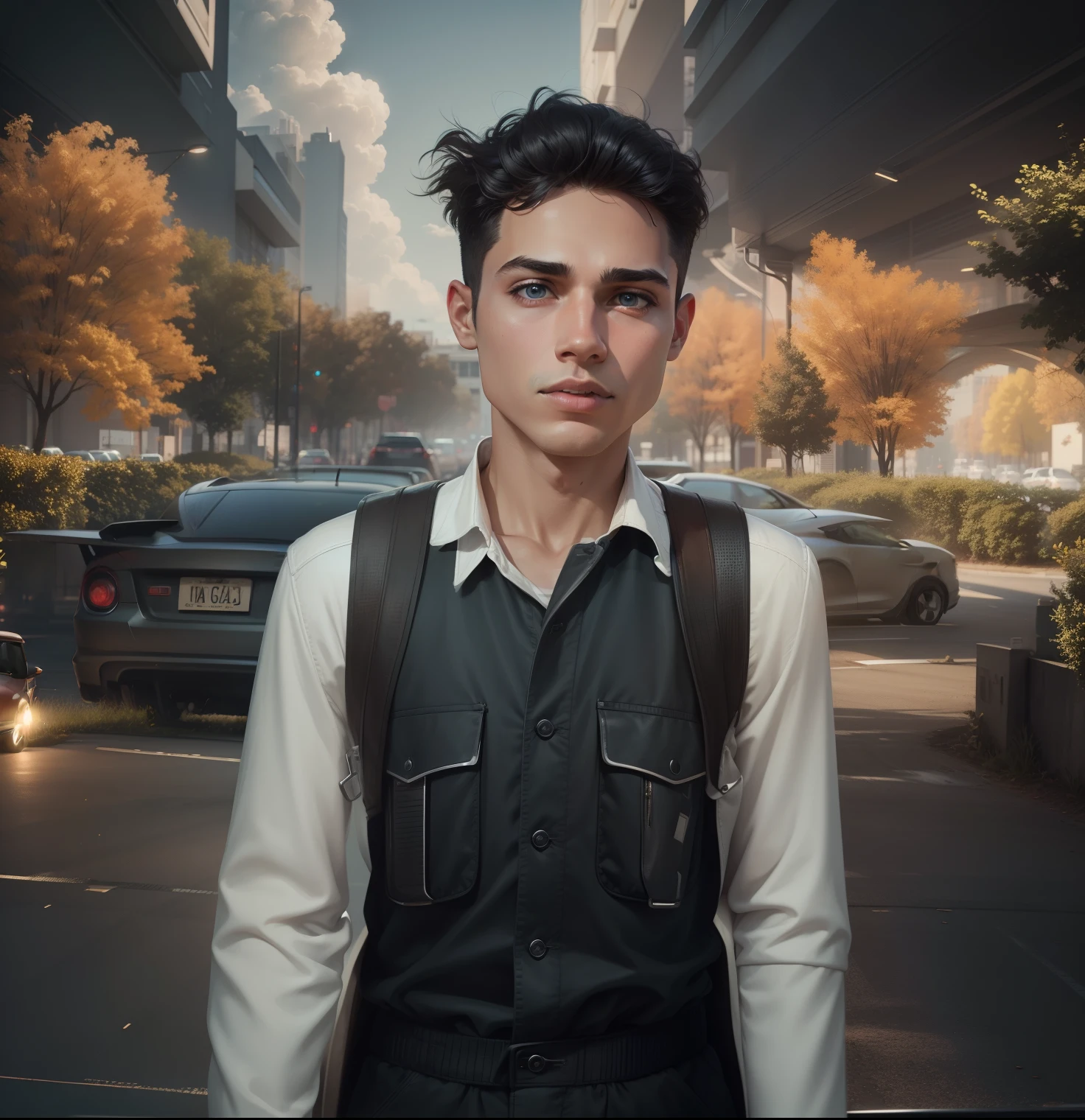 Boy with car futuristic background realistic face 8k ultra high quality
