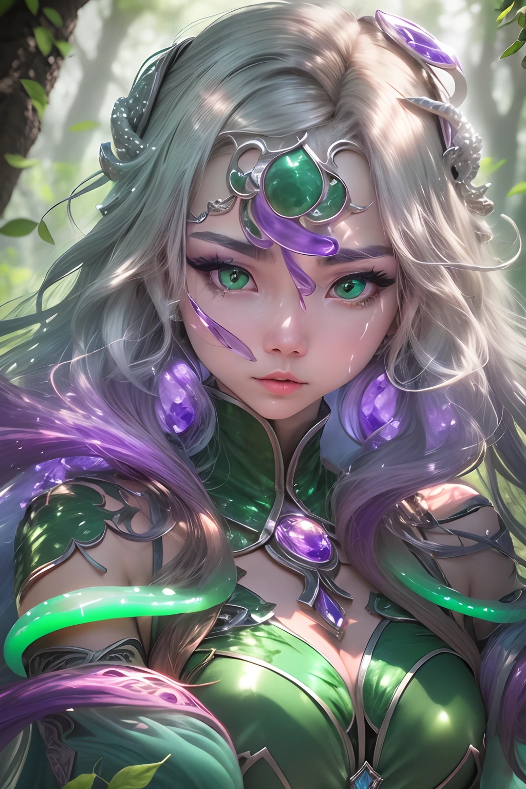 a close up of a woman from head to torso with reptile features, 4k fantasy art, silver hair, detailed snake skin, (Adult), solo focus, (lamia), stoic, monster girl, (short horn on her head's right side), beautiful eyes, BREAK, scaly cleavage and clothing, (human skin on her face, shoulders and breasts), shiny (jade, amethyst, silver gradient:1.5), mystical fumes from her eyes, realistic, masterpiece, best quality, ultra-detailed, detailed, scenery, beautiful detailed eyes, detailed hair, BREAK, beautiful background, forest, light particles, sun rays, dramatic lighting, outside, grass, leaves,