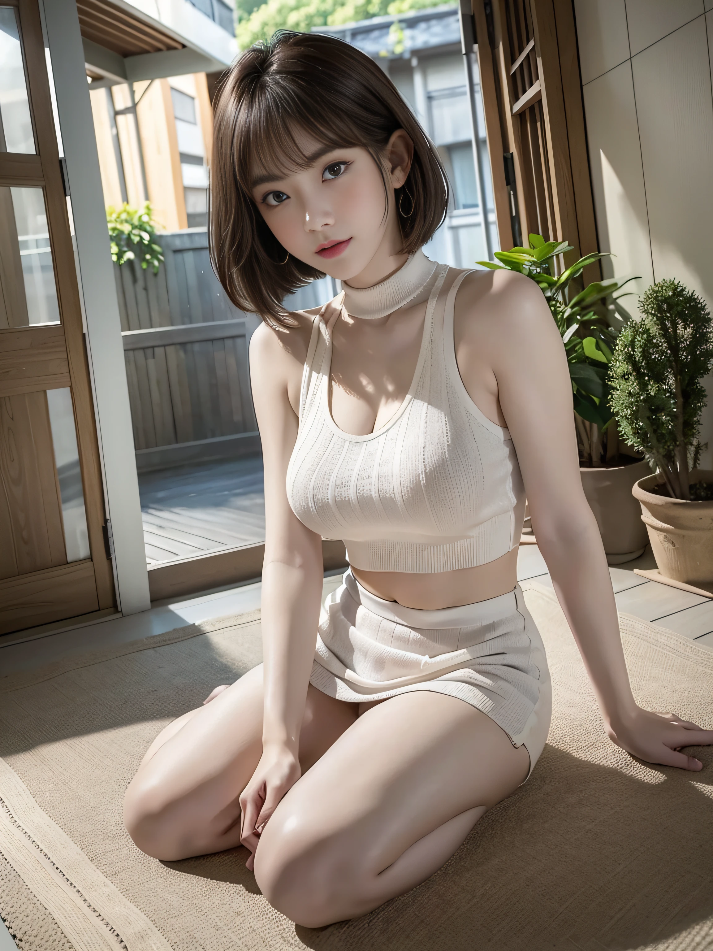 Top quality, realistic, perfect human body structure, very detailed, very delicate and beautiful, RAW photography, living room, sitting on the sofa, professional lighting, luminescence, depth of field, single focal, full body, 13 year old girl, smile, brown short hair, small head, medium breasts, baby face, beautiful eyes, real face, realistic skin, detailed eyes, (fashionable hairstyle: 1.3), bangs, Tank top, skirt, sexy pose, absurderes、Incredibly Ridiculous res、Extremely fine,