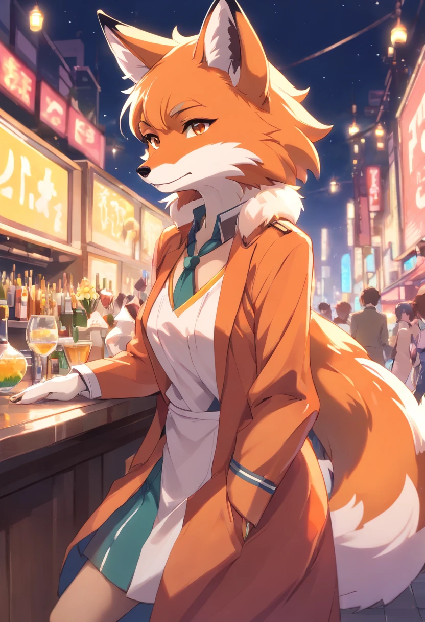 (furry art, Uploaded to e621:1.4), (masterpiece:1.3), (highest quality:1.2),(2D:1.0), (anime:1.0), (shape:1.0), (sharp:1.2), (night_environment), (restaurant), (clear, shiny:0.8), (Material:1.1), (Super detailed:1.0) (1girl, alone), (Fox_girl, anthro furry:1.6), (anthro_woman_Fox:1.2), sexy, orange tail, (slim waist), thick thighs, wide hips, thigh height, often play sports, Jolt, bent down, POV from behind, sitting in a chair