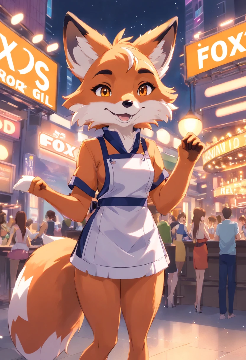 (Masterpiece:1.3), (Best Quality:1.2),(2D:1.0), (アニメ:1.0), (Illustration:1.0), (edgy:1.2), (natta_environment), (nightclub), (Clear, glittering:0.8), (impasto:1.1), (Ultra-detailed:1.0) (1Boy, Solo), (foxes_girl, anthro furry:1.6), (mankind_femele_foxes:1.2), large full breasts, fluffy fur, Fluffy fur in detail white and black, apron