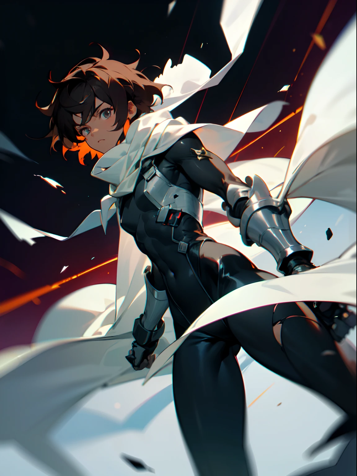 Masterpiece, highres, High quality, Dark skin teen, male, slightly buff, medium dark brown hair hair, big innocent grey eye's, wearing a black full bodysuit, six white long torn scarf, hooded white cloaks, black white battle Gauntlets, dramatic sho, intensive, cool, badass,